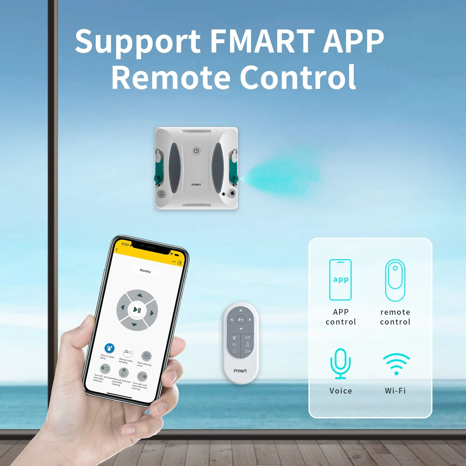 Fmart W6 robot do mycia okien z funkcją spryskiwania, automatyczny robot okienny, duża moc ssania 3800 Pa, zbiornik na wodę 50 ml, sterowanie aplikacją, automatyczne planowanie toru