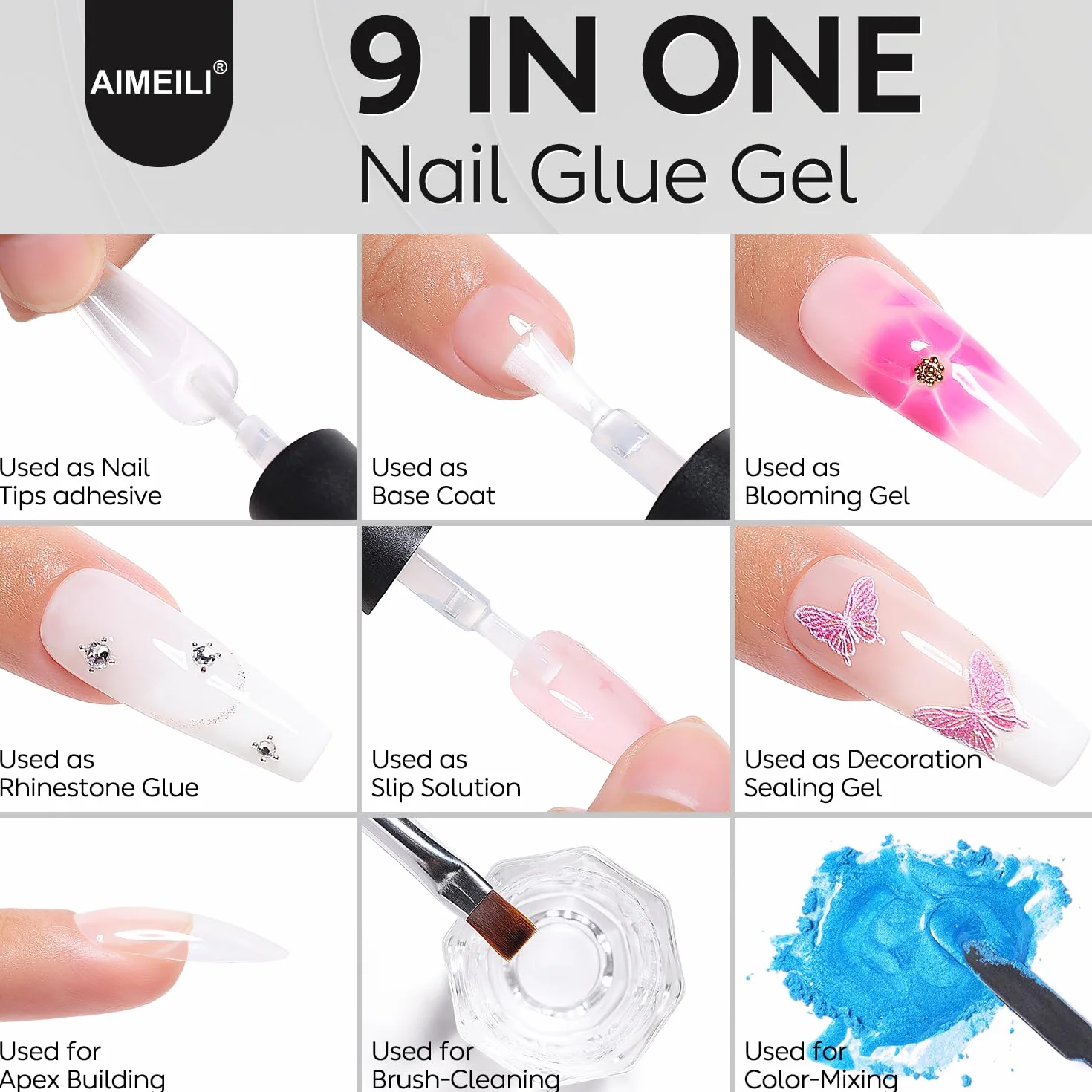AIMEILI Glue Gel x Baza i Top Coat Bez Wipe Półtrwałe 3 x 8 ml Baza i Top Coat Żel Paznokci Klej Żel do sztucznych paznokci UV Nail Art