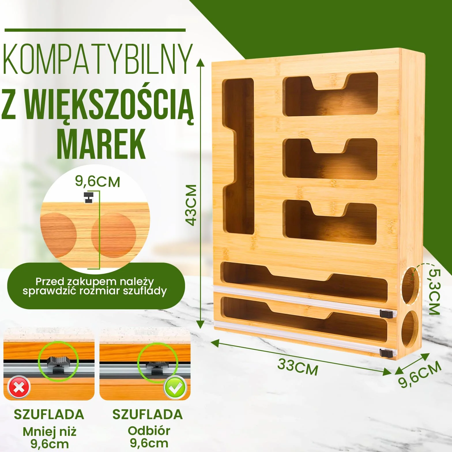 Akcesoria kuchenne 6 w 1 z bambusa z przezroczystym obcinaczem do folii i aluminium, dozownik do zamrażania, 43 x 33 x 9,6 cm, 4 przegródki na torby, 2 wbudowane nożyczki