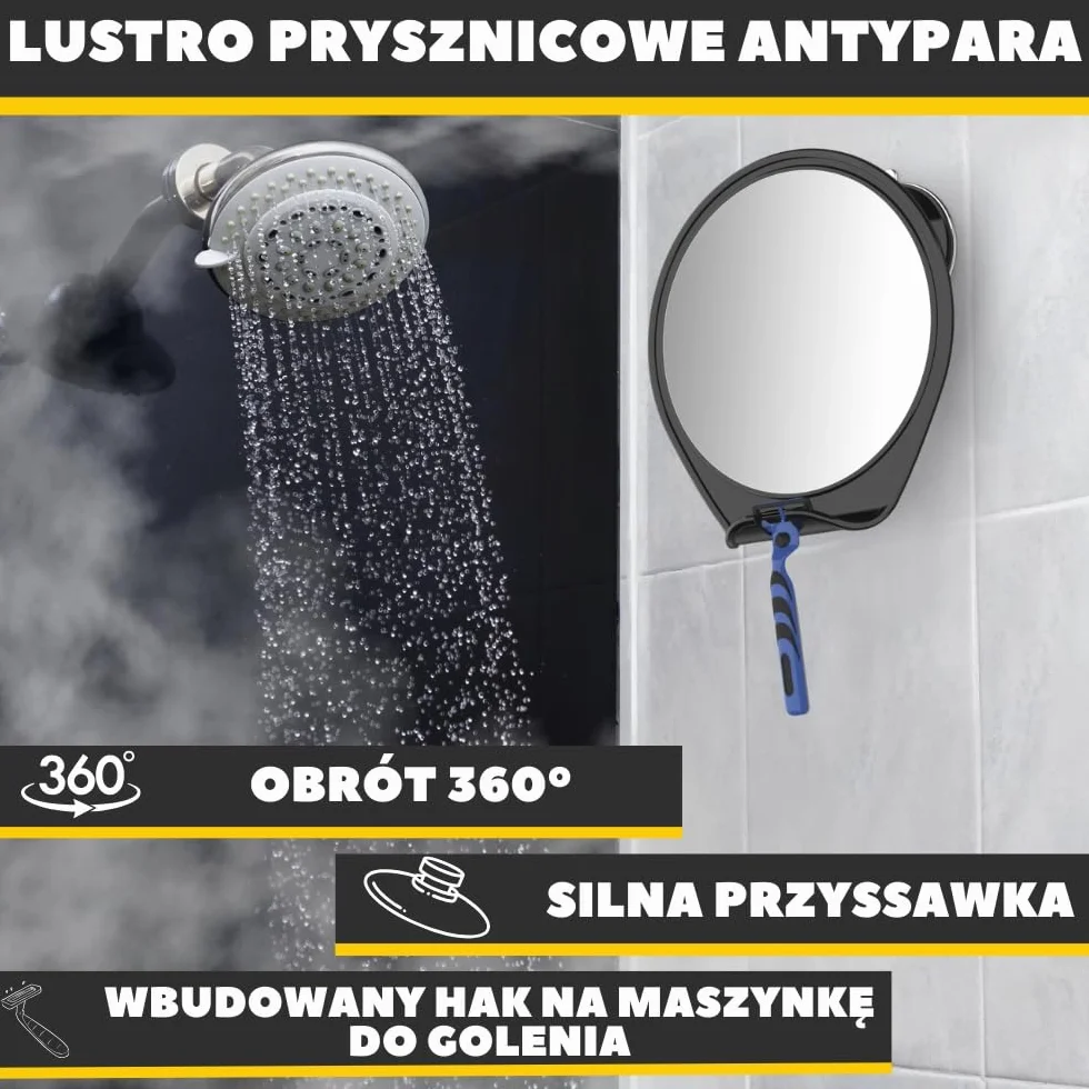 HONEYBULL Lusterko do golenia przeciwmgielne, lusterko prysznicowe, lusterko do golenia z przyssawką i obrotowym (czarne)
