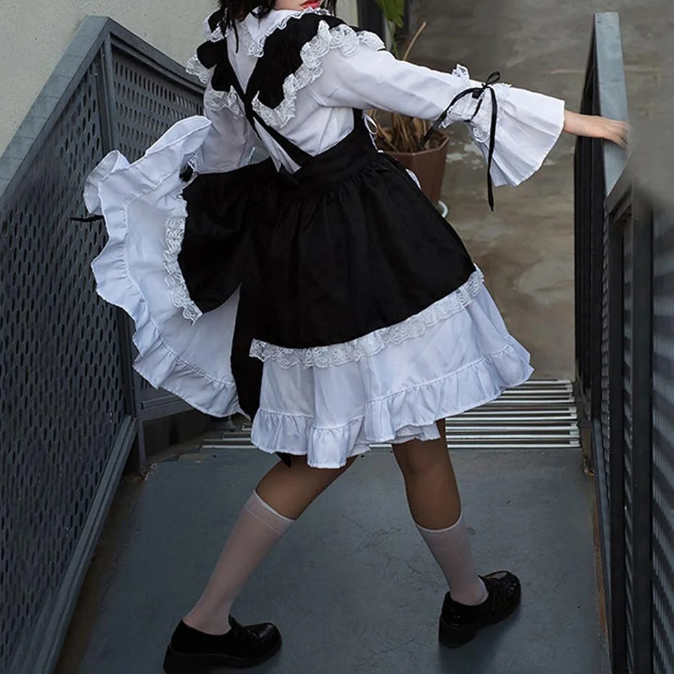 Damski strój pokojówki anime długa sukienka czarno-biały fartuch sukienka cosplay kostium na cztery pory roku