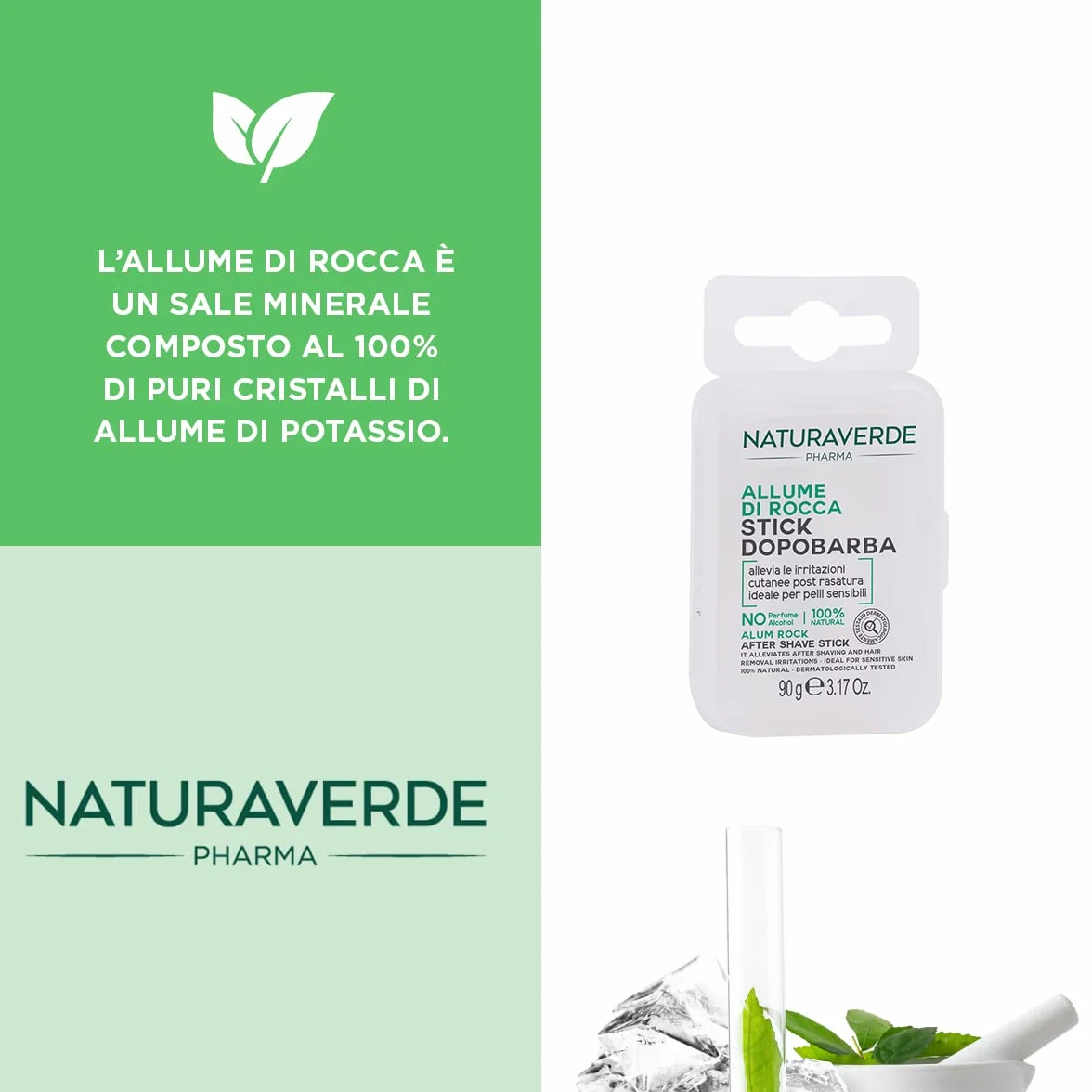 Naturaverde | Pharma Kij po goleniu dla mężczyzn, płyn po goleniu w sztyfcie, ałun rocka ałun, do skóry wrażliwej, 100% naturalna, 90 g