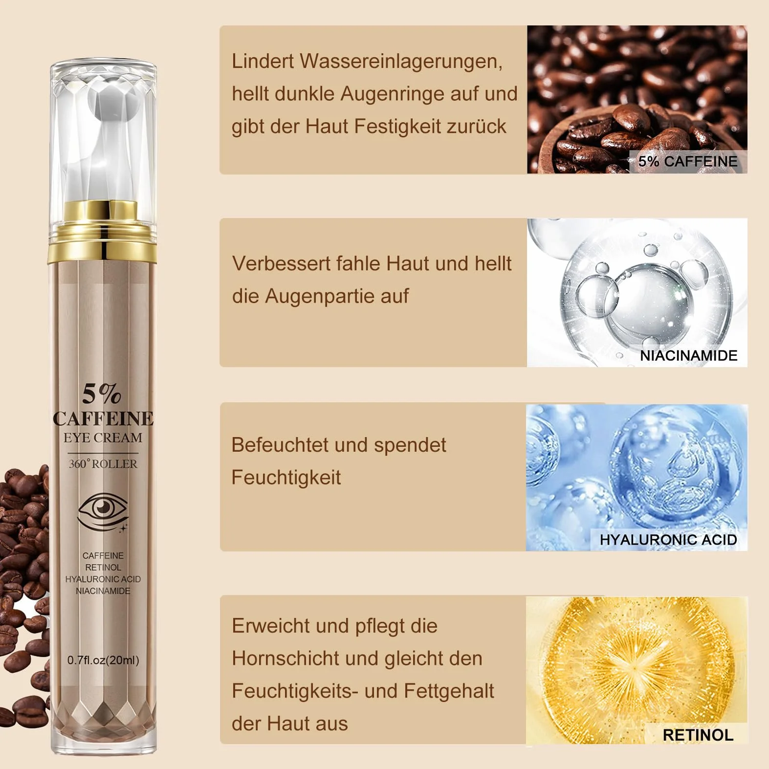 Serum do oczu z kofeiną, krem pod oczy przeciwko obrzękom i cieniami, serum przeciwstarzeniowe z 360° kulką do masażu, serum eliminujące cienie pod oczami – pielęgnacja oczu zmniejszająca worki pod
