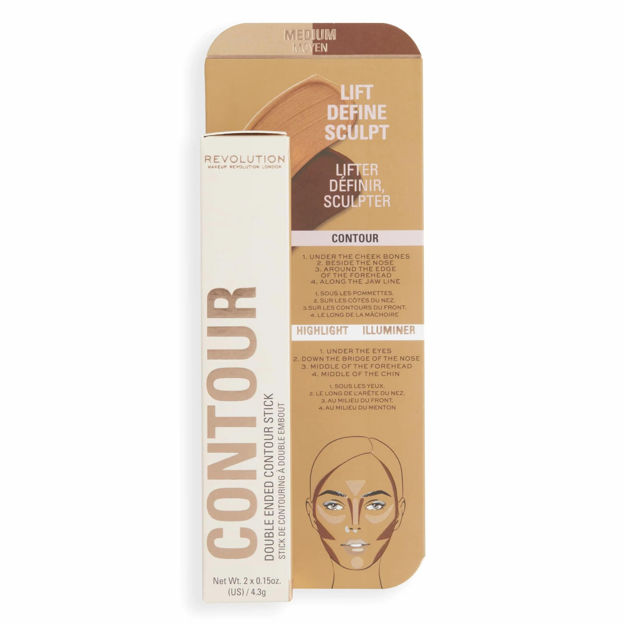 Makeup Revolution Contour Stick Duo Cream Contour & Highlight, definiuje kości policzkowe i kształtuje twarz, wegański i nietestowany na zwierzętach, średni, 2,4 g