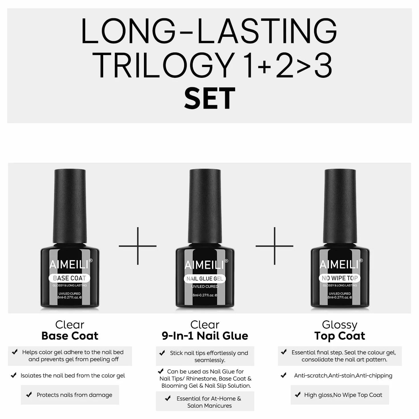 AIMEILI Glue Gel x Baza i Top Coat Bez Wipe Półtrwałe 3 x 8 ml Baza i Top Coat Żel Paznokci Klej Żel do sztucznych paznokci UV Nail Art