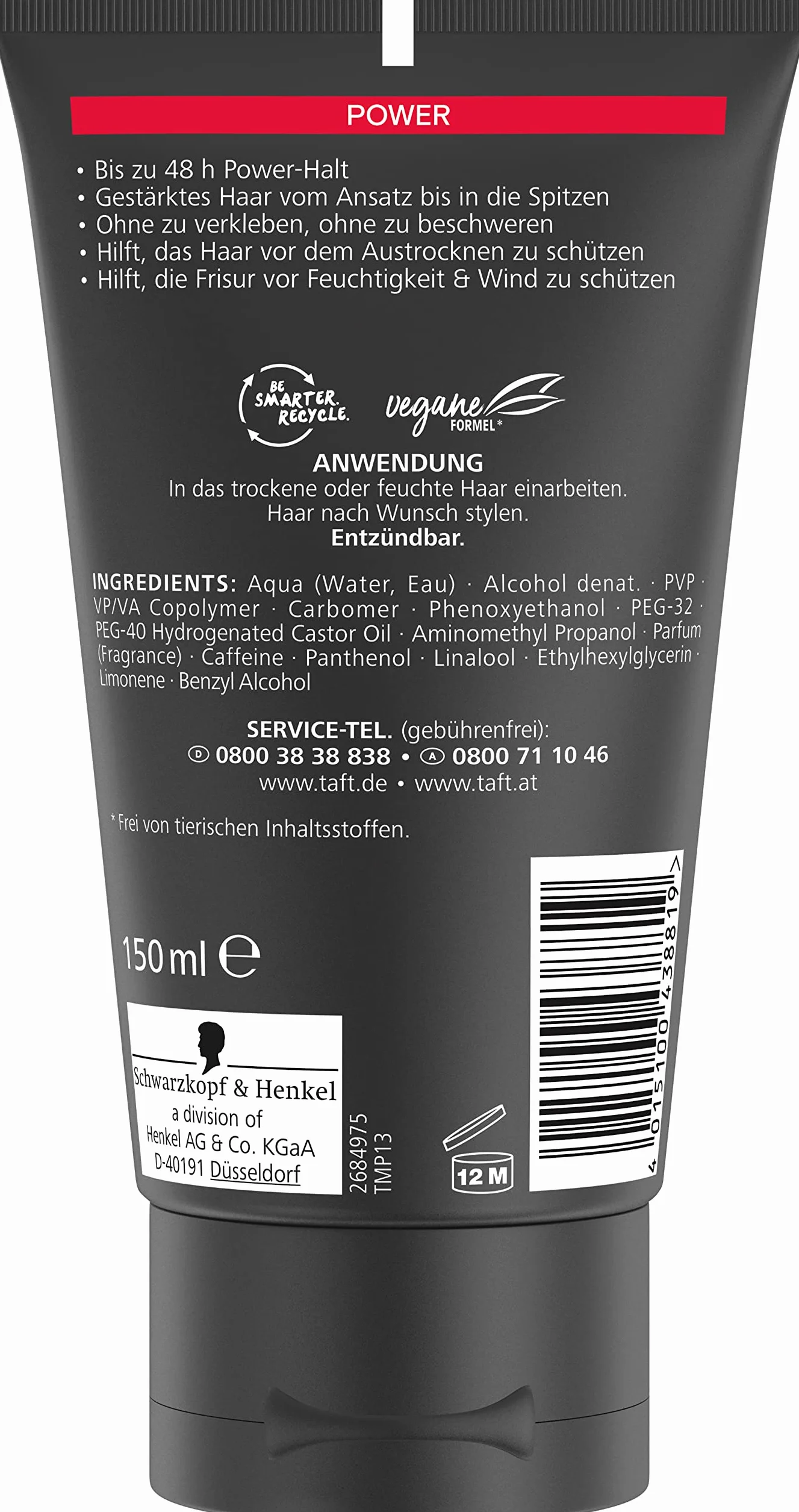 Taft Styling Gel Power o stopniu utrwalenia 5 (150 ml), żel do włosów wzmocnionych i bez klejenia, żel utrzymuje się do 48 h również w przypadku wilgoci i wiatru