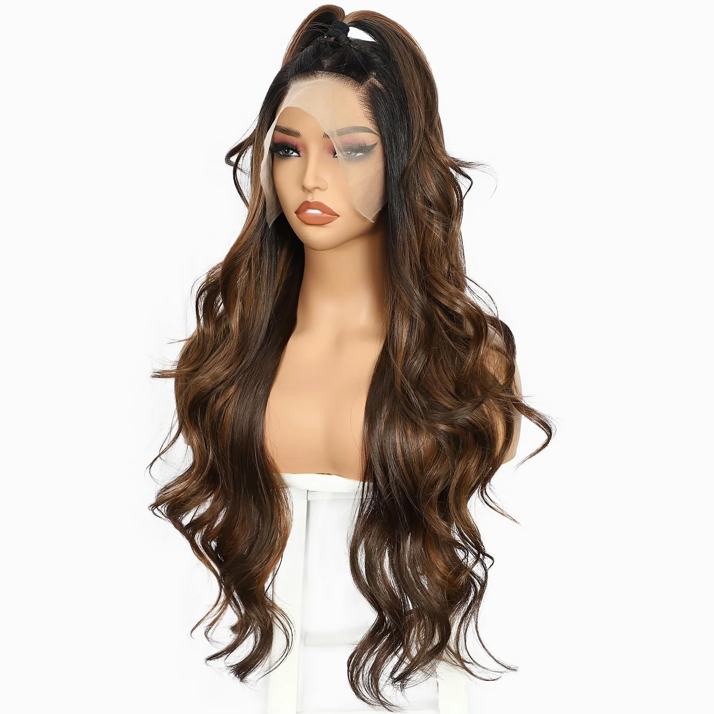 Sapphirewigs Brązowa koronkowa peruka z przodu 13x4 syntetyczna fala balejaż