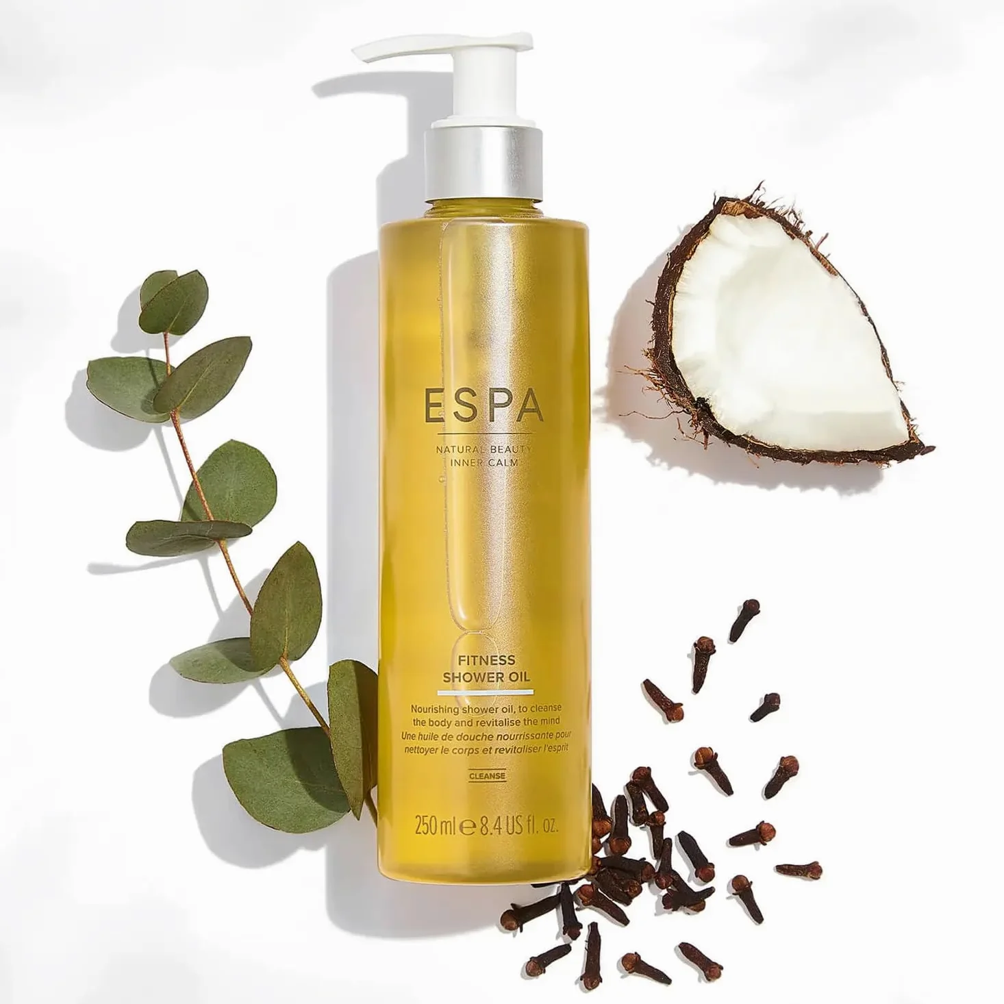ESPA | Fitness Shower Oil | 250ml | Oil to Cream Cleansing Formula | Post-Workout Reviver | Eucalyptus, Clove Bud, Peppermint & Rosemary