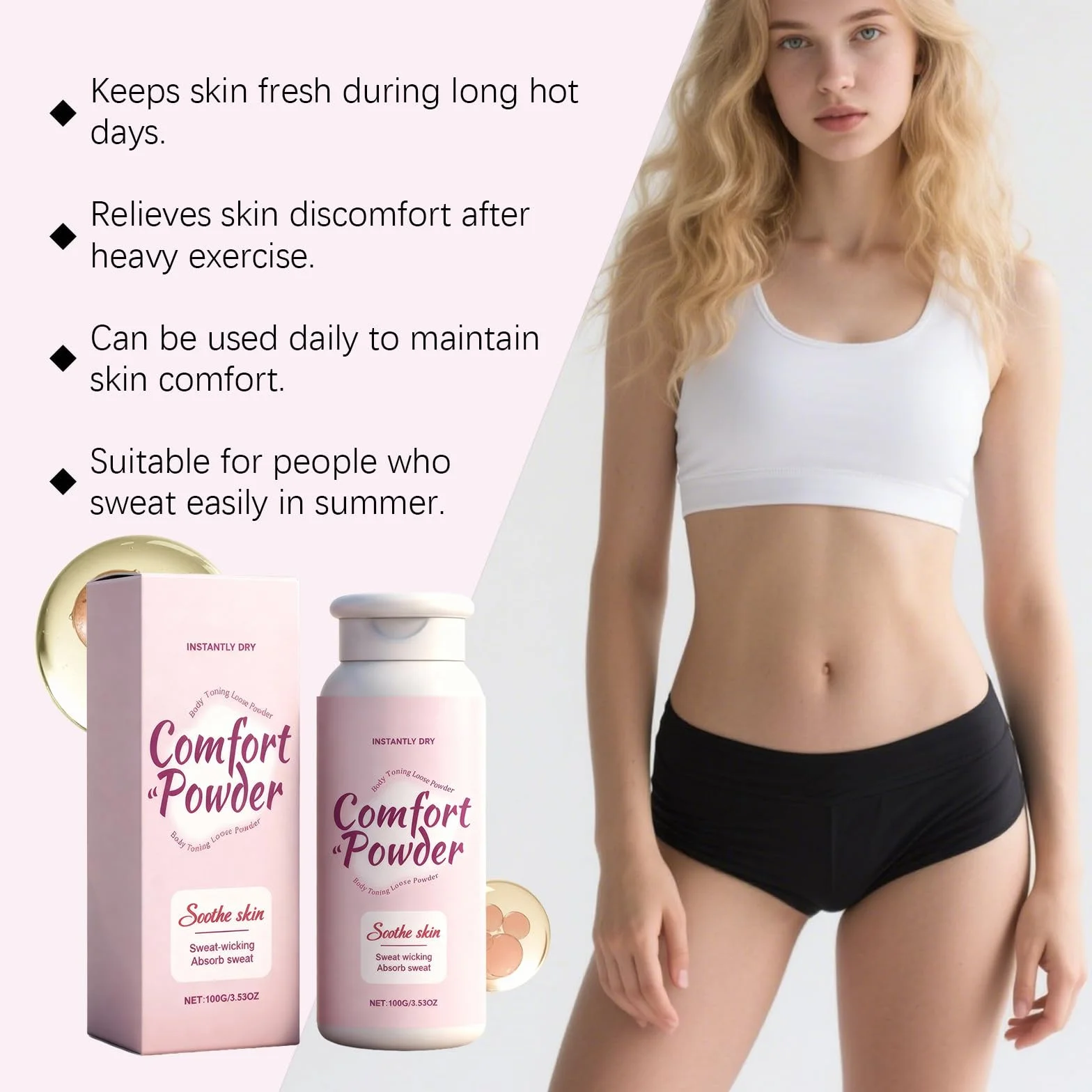 Comfort Powder, pewność siebie i ten puder do ciała bez talku absorbuje pot, zapobiega otarciom przez cały dzień, pielęgnacja całego ciała dla kobiet (1)