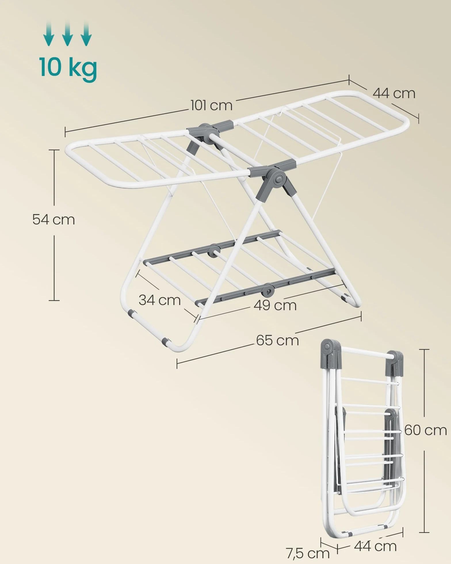 SONGMICS Suszarka na pranie, składana, stojąca suszarka z 2 skrzydłami, zajmuje mało miejsca, metalowa, na małe ubrania, ręczniki, łazienka, balkon, 44 x 101 x 54 cm, biała chmurka LLR504W01