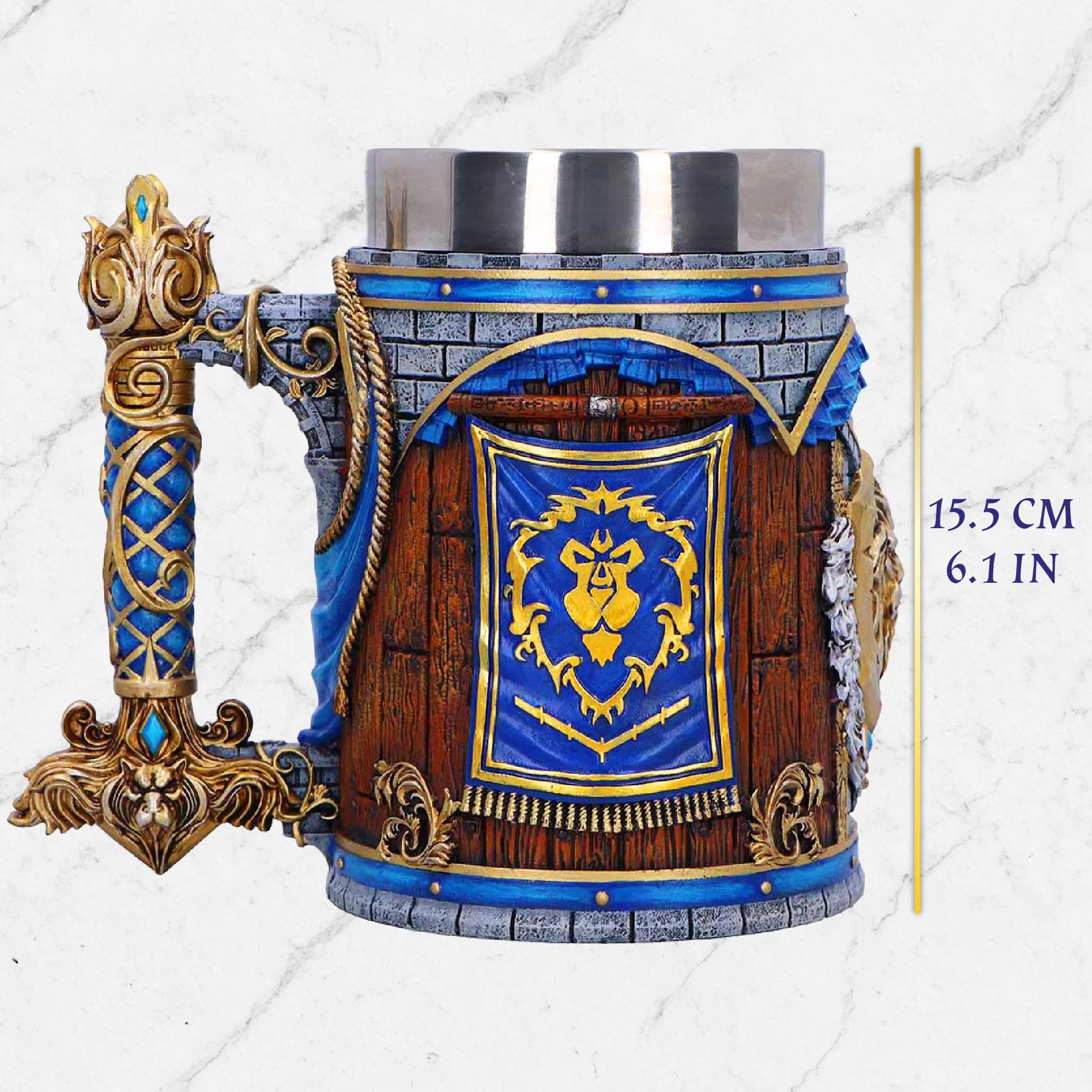 Nemesis Now World of Warcraft Alliance Tankard 15,5 cm – oficjalnie licencjonowane naczynia do picia Alliance z herbem, wzorem flagi i wkładką ze stali nierdzewnej