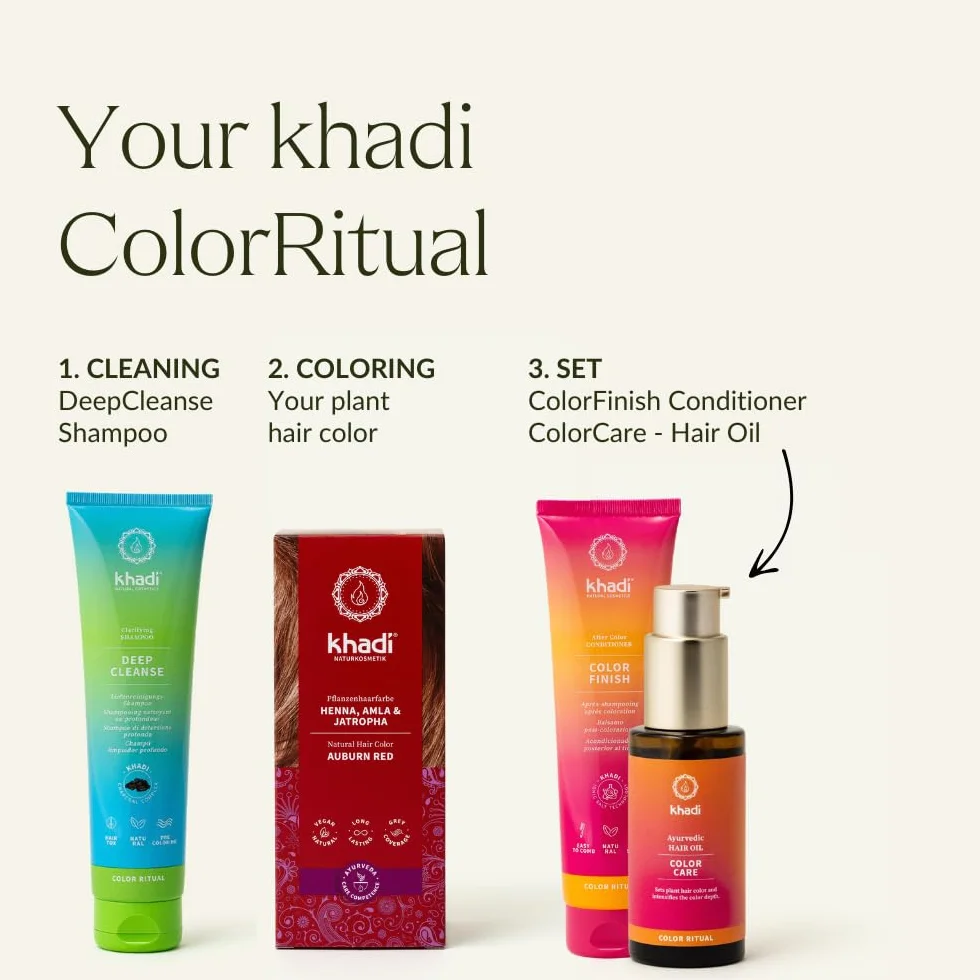 khadi HENNA, AMLA & JATROPHA roślinna farba do włosów, Nadaje włosom głęboki, aksamitny blask ciemnej czerwieni, W 100% roślinna, naturalna i wegańska, Certyfikowany kosmetyk naturalny, 100g