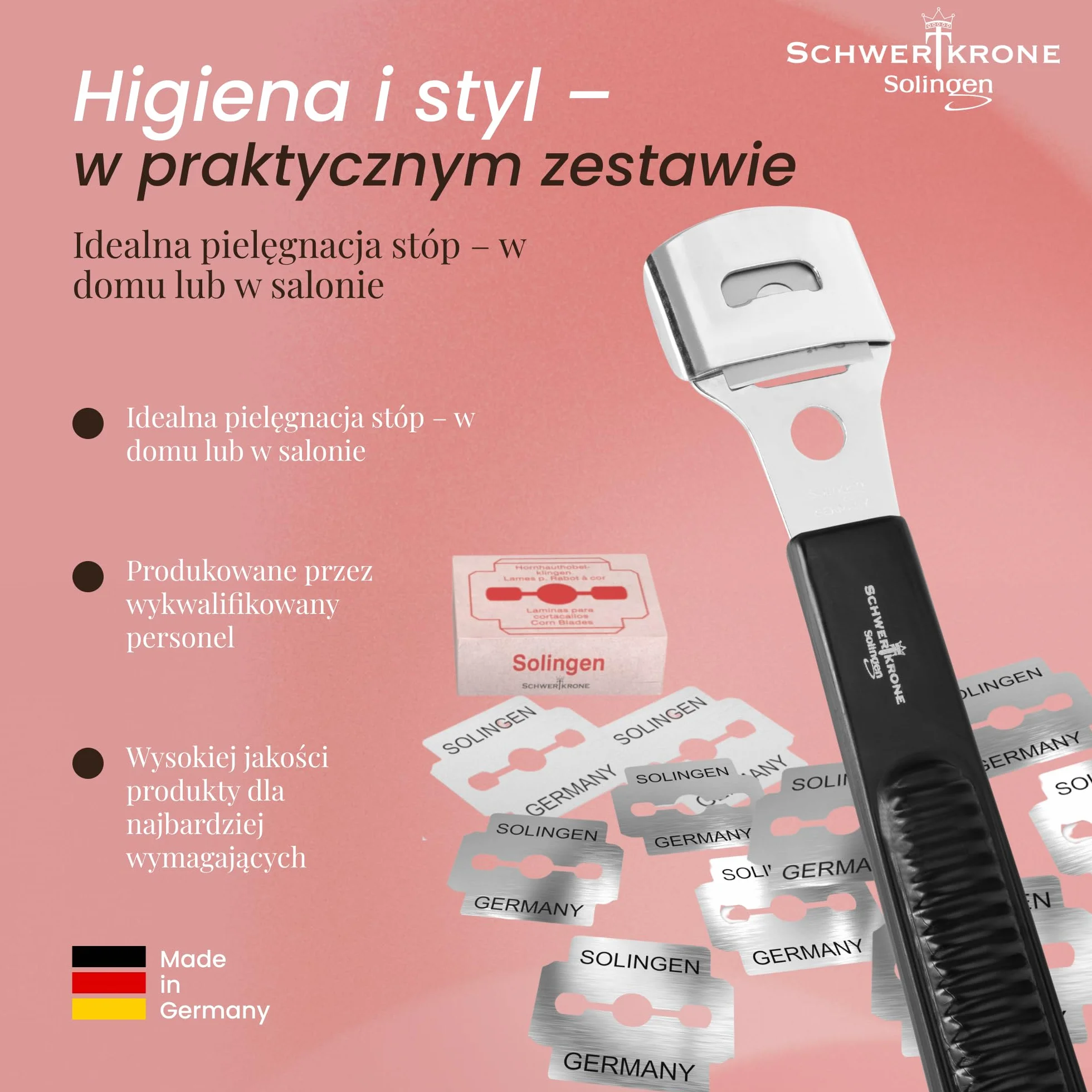 Schwertkrone Solingen strug do zrogowaciałego naskórka z 10 ostrzami/zapasowymi ostrzami do strugania zrogowaciałego naskórka – nierdzewny 10