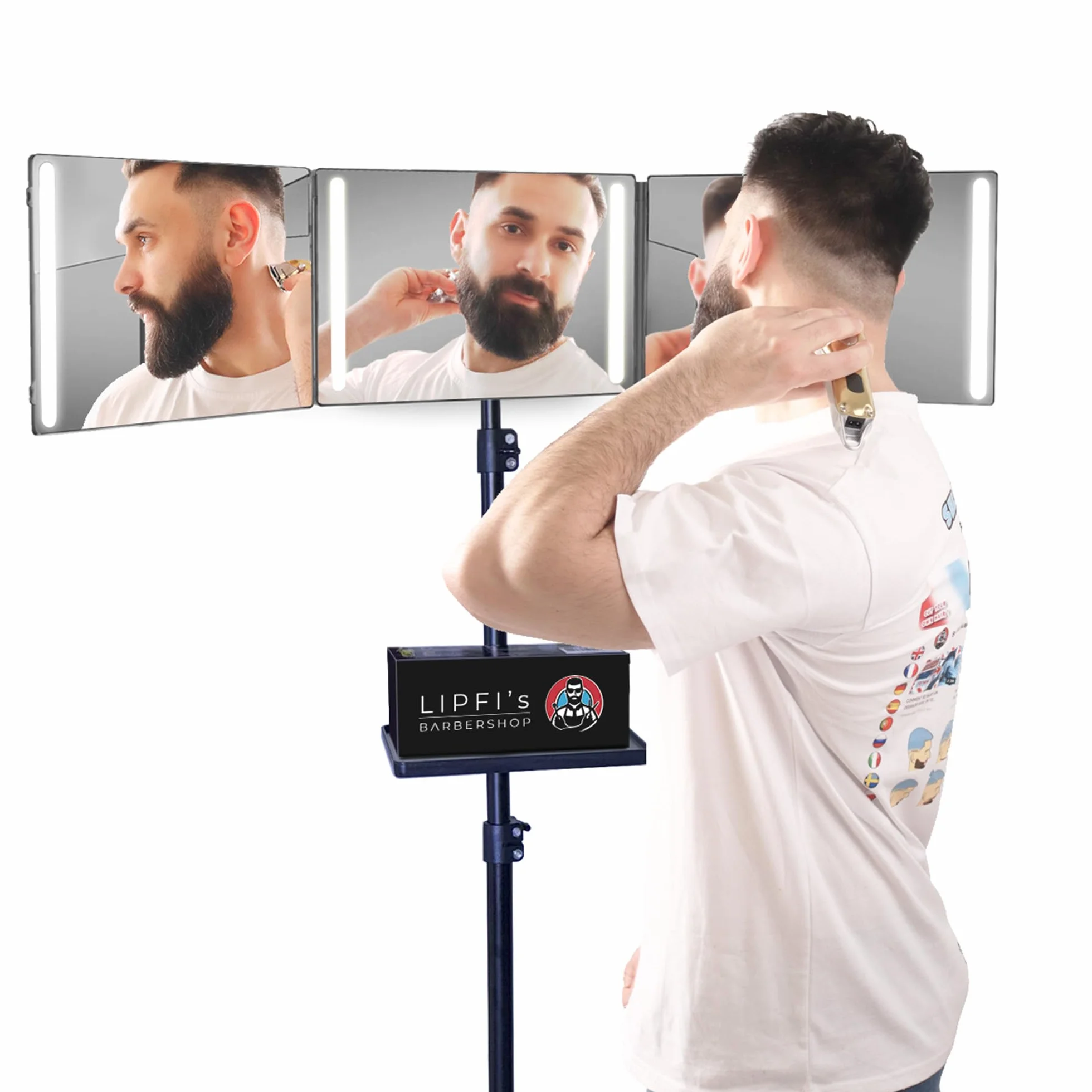 LIPFISBARBERSHOP.com Lustro 360° ze statywem, regulowanymi haczykami i tacką: 3-stronne przenośne składane lustro podróżne z 4 diodami LED, ładowaniem USB-C do strzyżenia, golenia, makijażu i toaletki