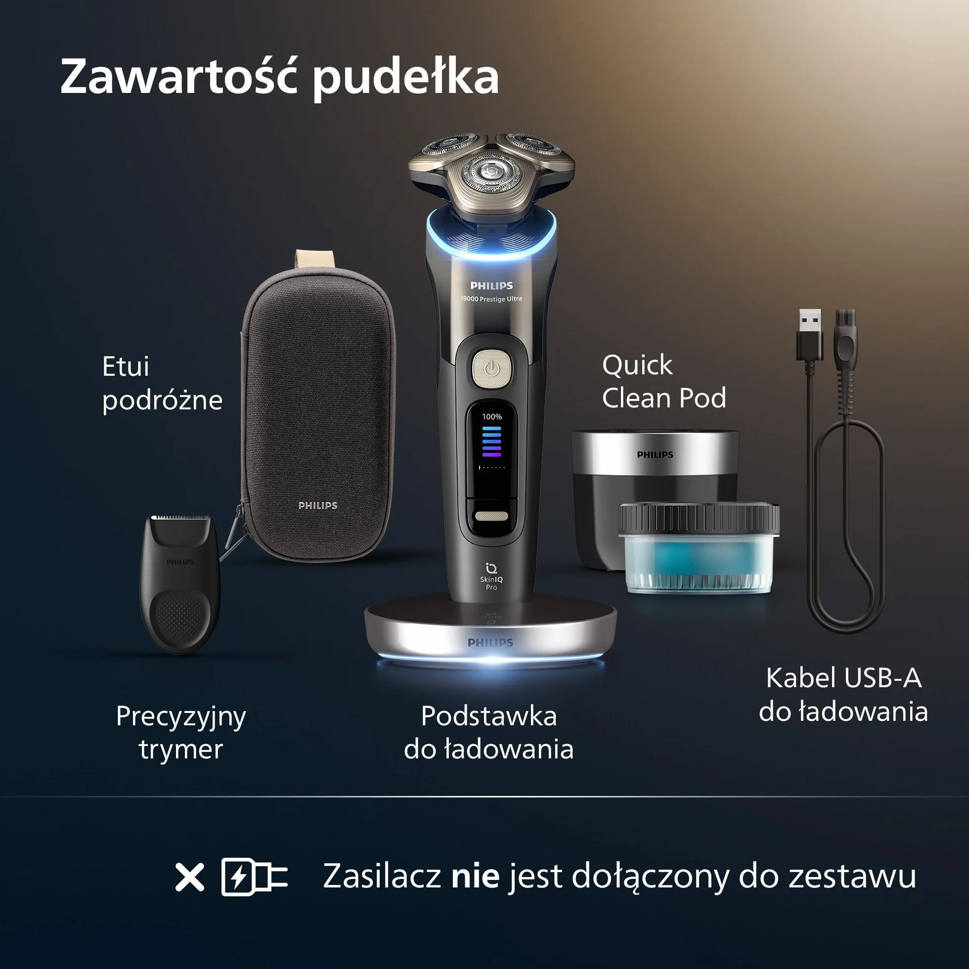 Philips Shaver i9000 Prestige Ultra, golarka elektryczna do golenia na sucho i mokro z technologią Skin IQ Pro, System Triple Lift & Cut, obrotowe 360º ostrza, 5 trybów golenia, Model XP9405/31