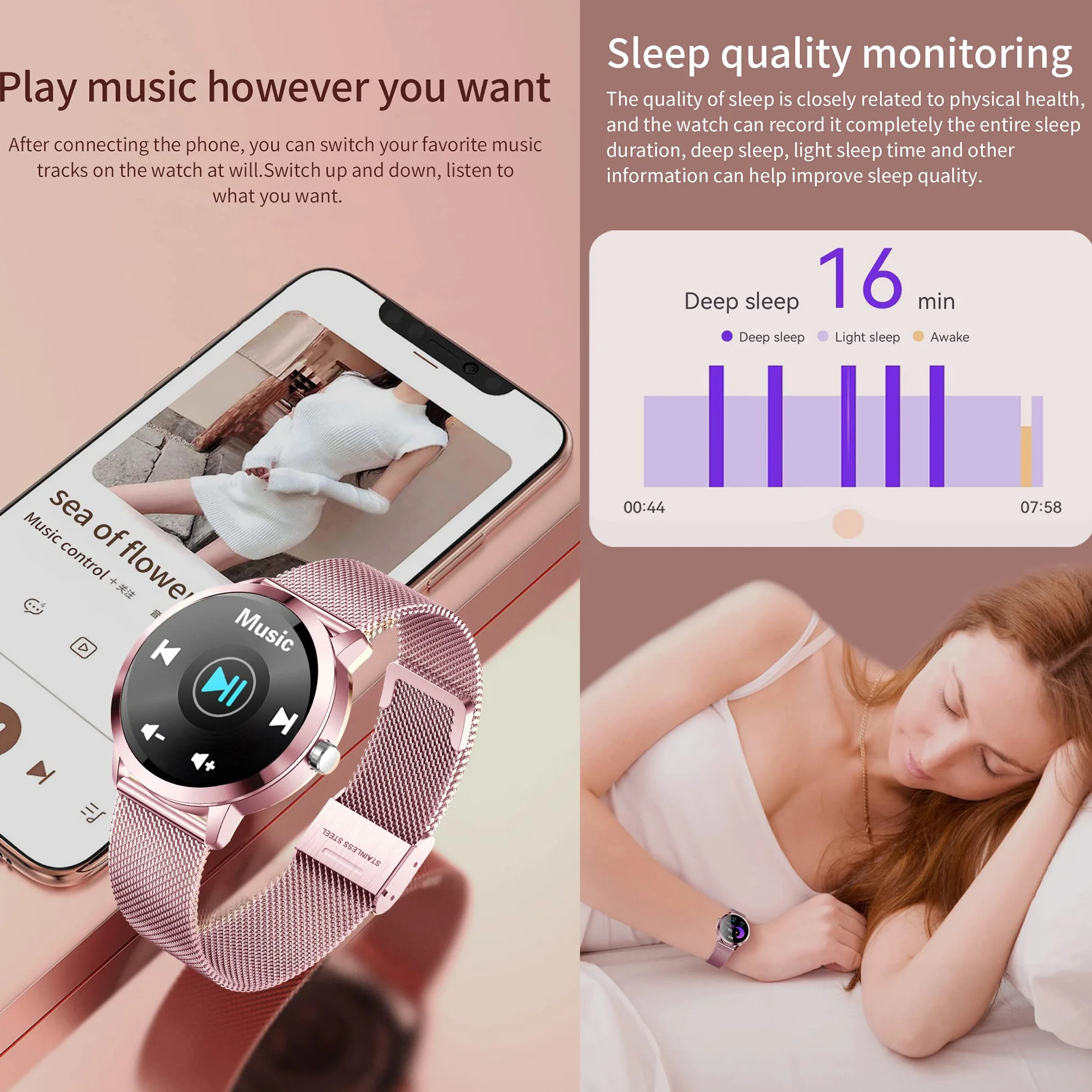 Damski smartwatch, IP68 wodoodporny sportowy smartwatch, 1,1 cala dotykowy pełna kalorii, SpO2, Menstrual Record, Krokomierz Inteligentna bransoletka aktywności z iOS Android