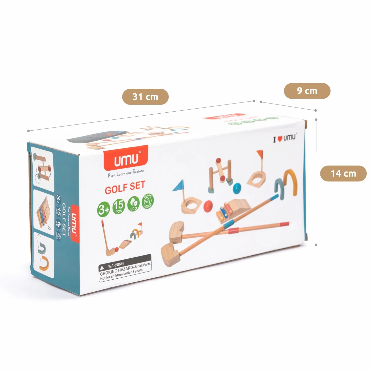 Umu® Drewniany zestaw mini golfa dla dzieci – 6 przeszkód, wewnątrz i na zewnątrz, zestaw golfa z piłkami i kijami, kreatywna zabawka edukacyjna dla dzieci