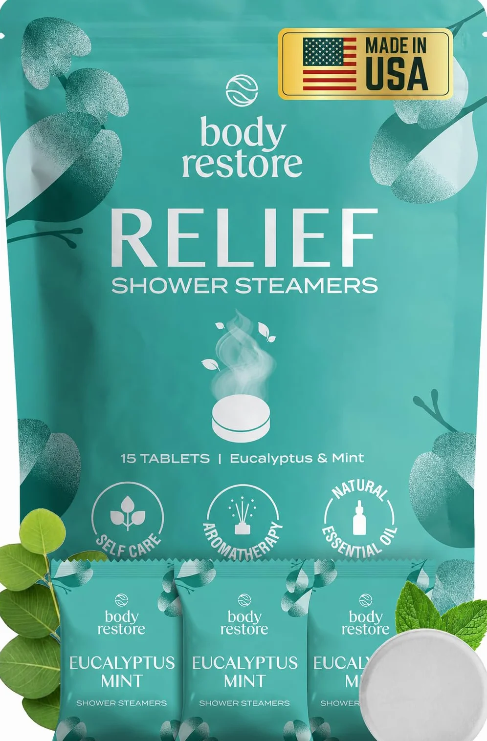 Body Restore Parowar pod prysznic, aromaterapia, 15 sztuk, relaksujące prezenty urodzinowe dla kobiet i mężczyzn, niezbędne akcesoria podróżne, odprężenie i samoopieka, eukaliptus