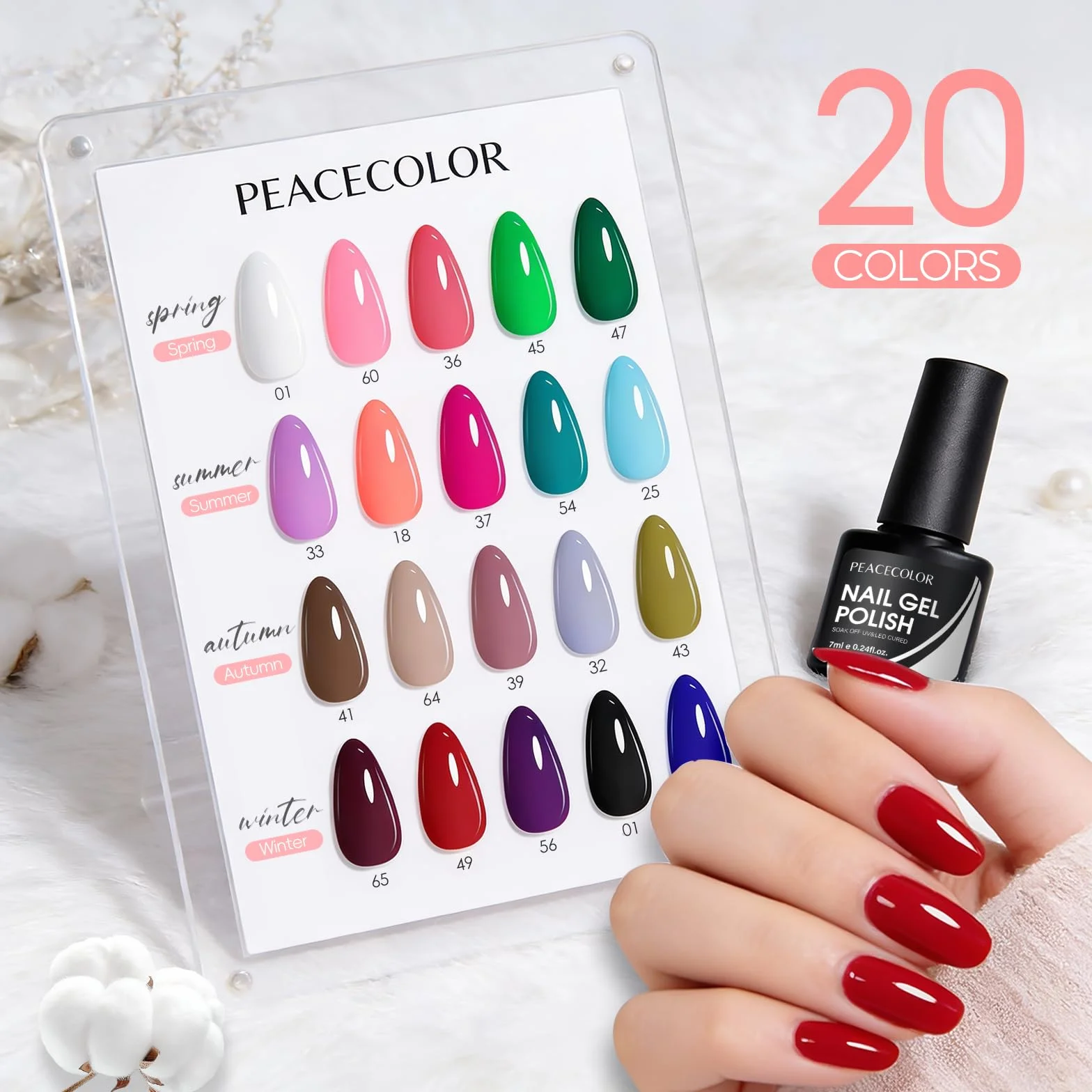 Zestaw lakierów do paznokci PEACECOLOR UV, 20 kolorów czerwony czarny biały różowy lakier żelowy, baza i warstwa wierzchnia, Soak-Off UV/LED do samodzielnego stosowania w domu, 7 ml