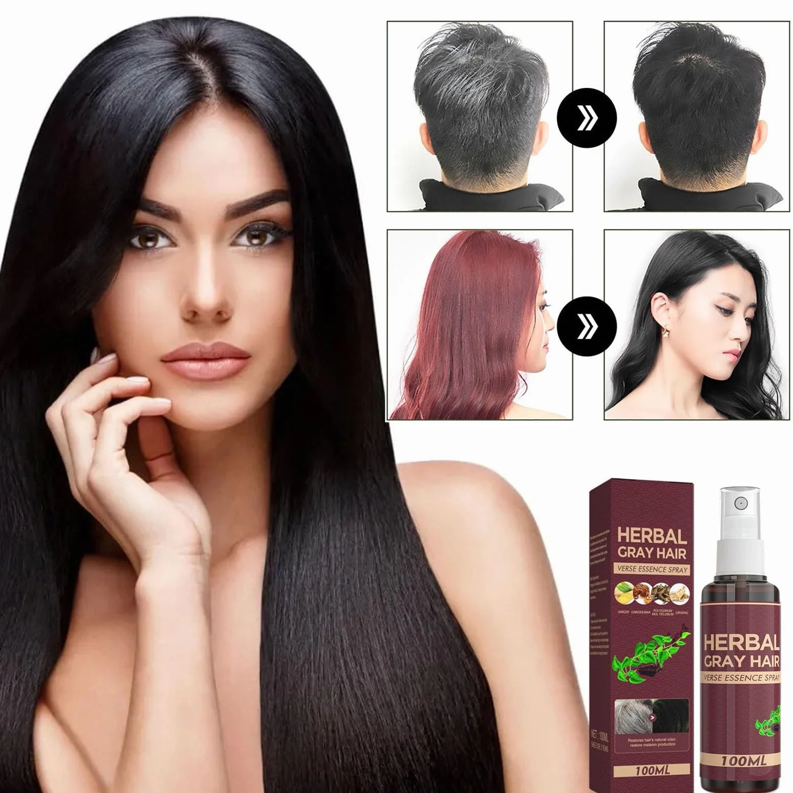 Herbal Gray Hair Spray, ciemna odżywka, ziołowy lakier do włosów siwych włosów, wspomaga naturalny ciemniejszy wygląd, wzmacnia pielęgnację (3 szt.)