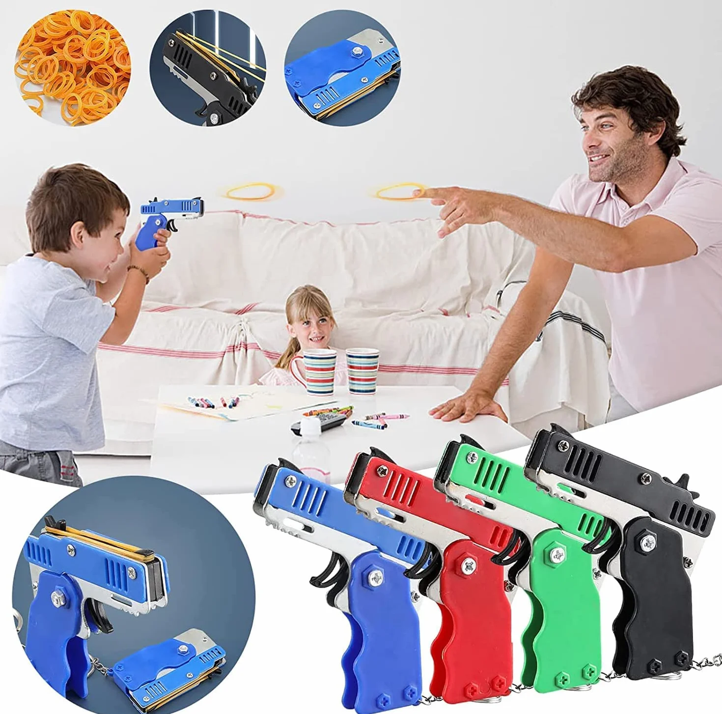 Mini pistolet na gumkę z metalu, składany, 6 strzałów z breloczkiem do kluczy i 60+ gumowymi taśmami, pistolet gumowy, mini metalowy składany brelok do kluczy, do strzelania, aktywności na świeżym