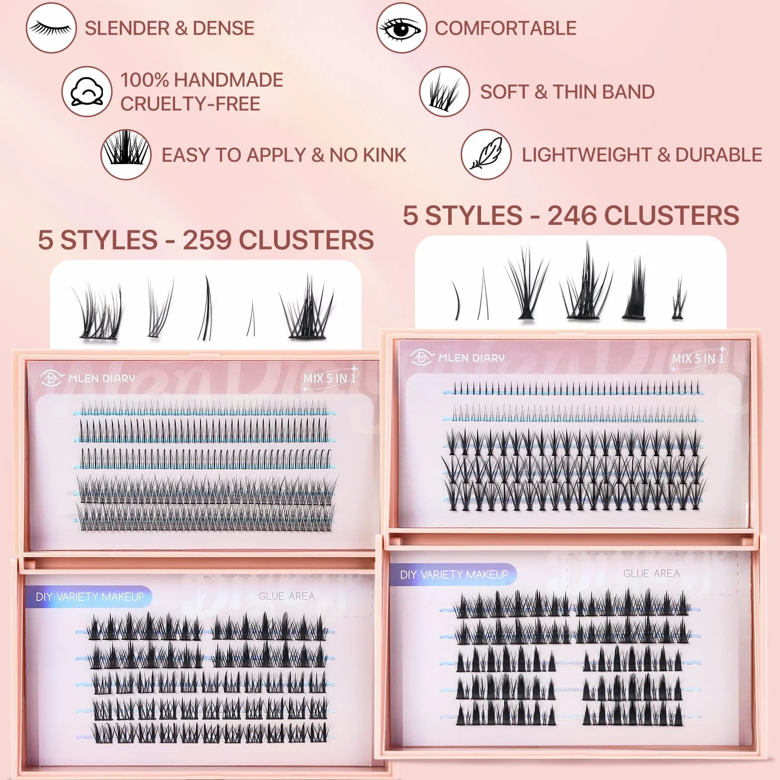 Mlen Diary Cluster Lashes Mixed 5 rodzajów pojedynczych rzęs, 260 sztuk rzęs typu A, do przedłużania rzęs
