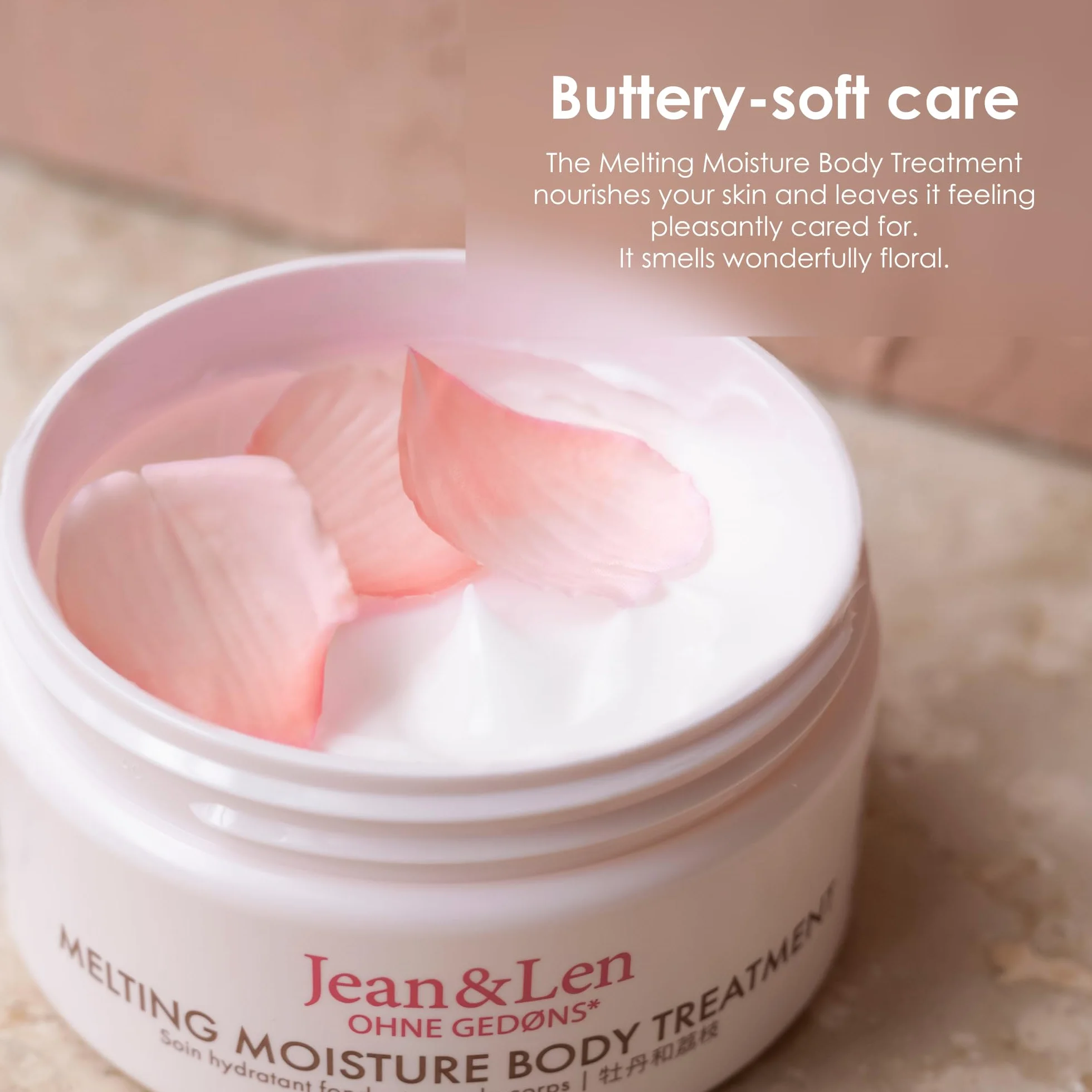 Jean & Len Melting Moisture Body Treatment Peony & Lychee, dla perfumowanych efektów pielęgnacyjnych, masło do ciała, bez parabenów i silikonów, wegańskie, 200 ml