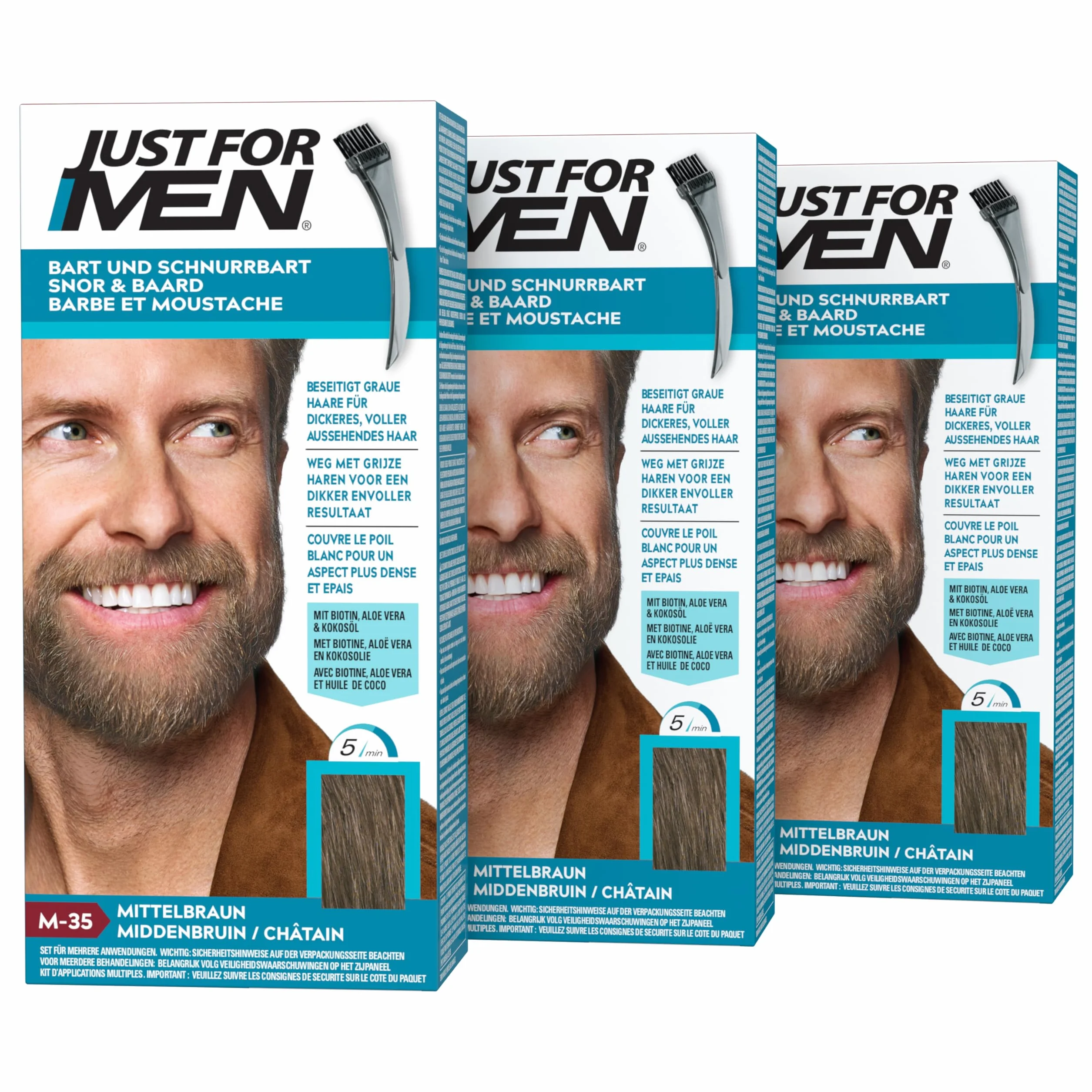Just For Men Farba do brody kasztanowej, farba do wąsów i brody, usuwa białe włosy, aby uzyskać grubszy efekt, za pomocą pędzla aplikatora, szybko i łatwo, kasztan, M35, zestaw 3 szt