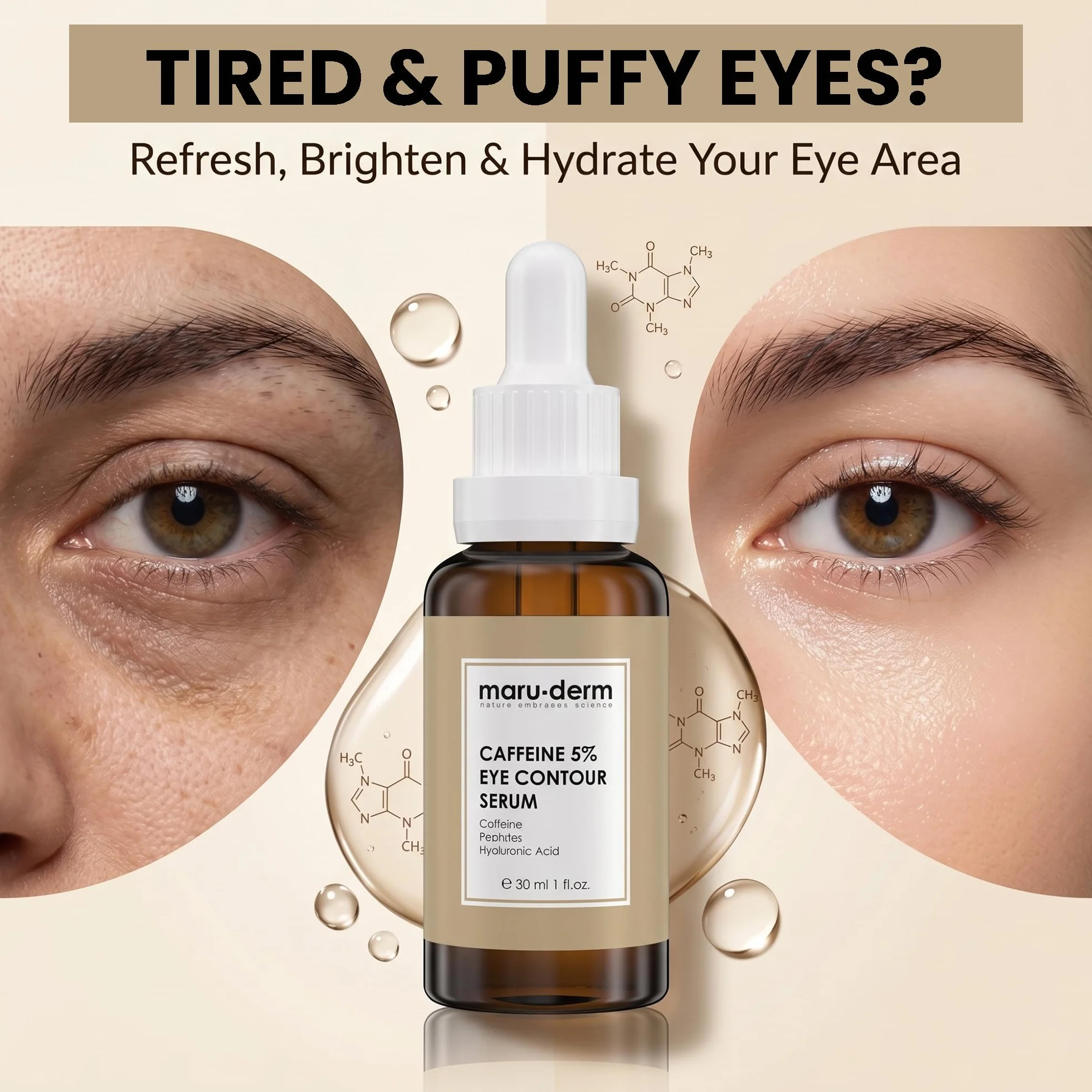 Maruderm Serum pod Oczy z Kofeiną 5% i Peptydami - Pomaga Zmniejszyć Cienie i Opuchnięcia, Długotrwałe Nawilżenie, Delikatna Skóra Okolic Oczu, 30 ML