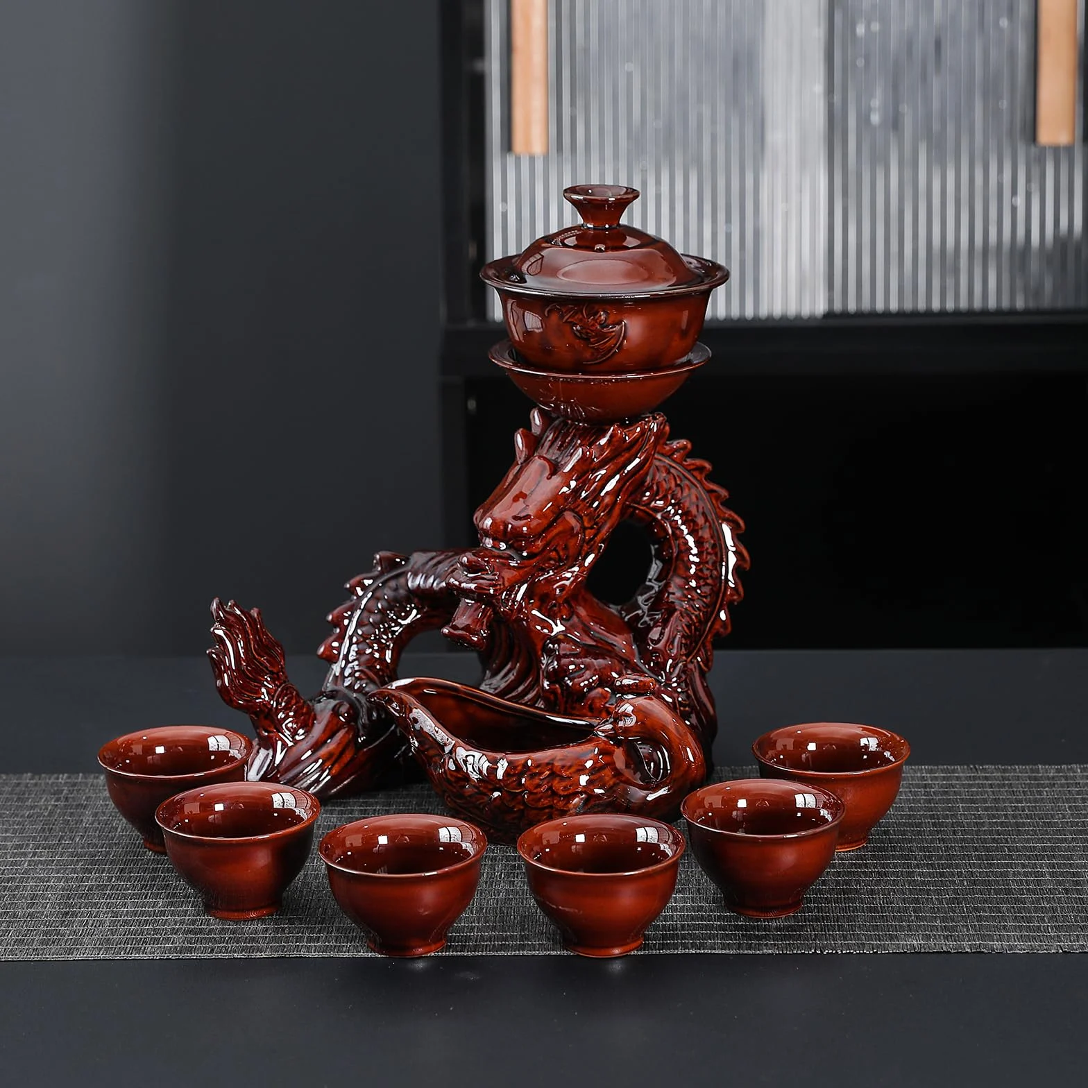 fanquare Półautomatyczny zestaw do herbaty chiński Loong Kungfu czajniczek filiżanka do herbaty czerwona porcelana serwis do herbaty dla mężczyzn dorosłych