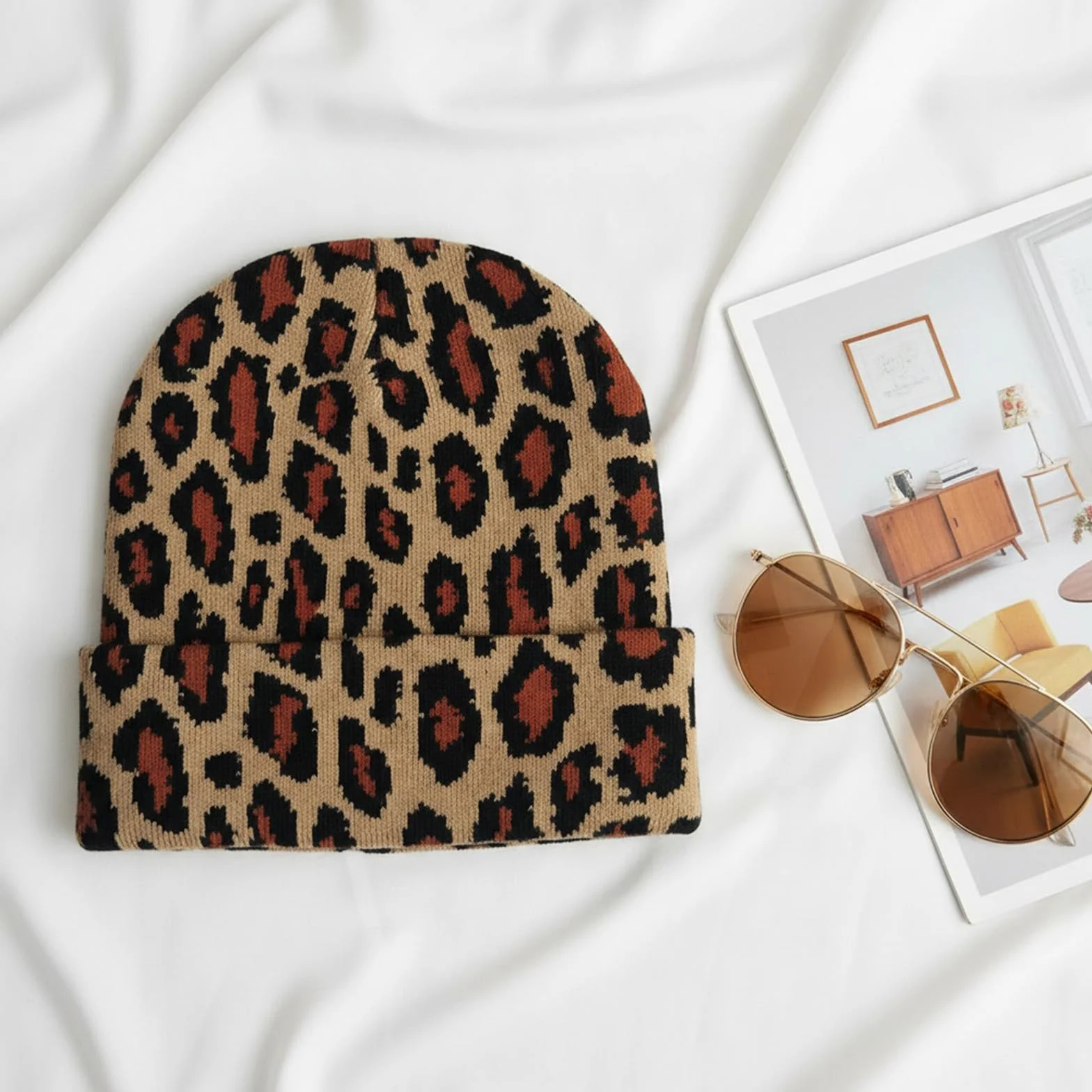 Leopard Beanie czapka z nadrukiem w panterkę, damska, zimowa, ciepła czapka z dzianiny, miękki, rozciągliwy kapelusz dla kobiet i mężczyzn