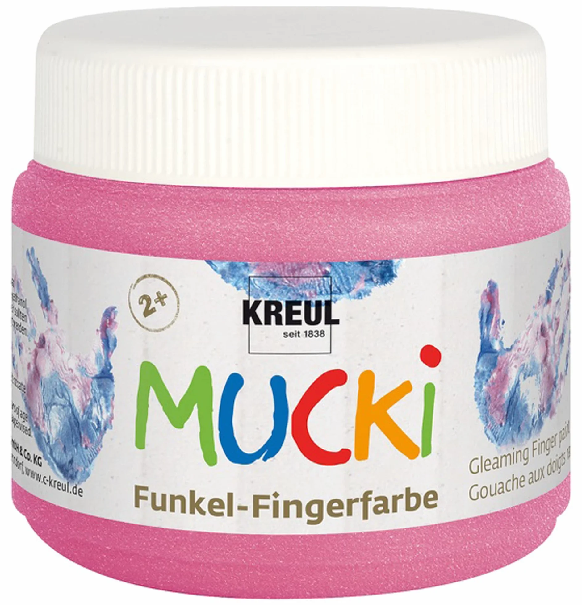 KREUL 23120 – Mucki błyszcząca farba do malowania palcami, 150 ml w kolorze różowym, na bazie wody, bez parabenów, glutenu i laktozy, wegańska, zmywalna, do malowania pędzlem i palcami