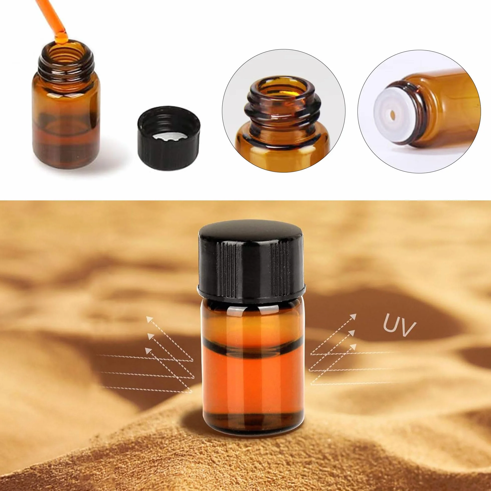 100 sztuk mini butelek szklanych z brązowego szkła 1 ml, w zestawie z pędzlem, przecinakiem do koralików, słomką i naklejkami, mini brązowe puste szklane butelki na olejki eteryczne z Orifice, do