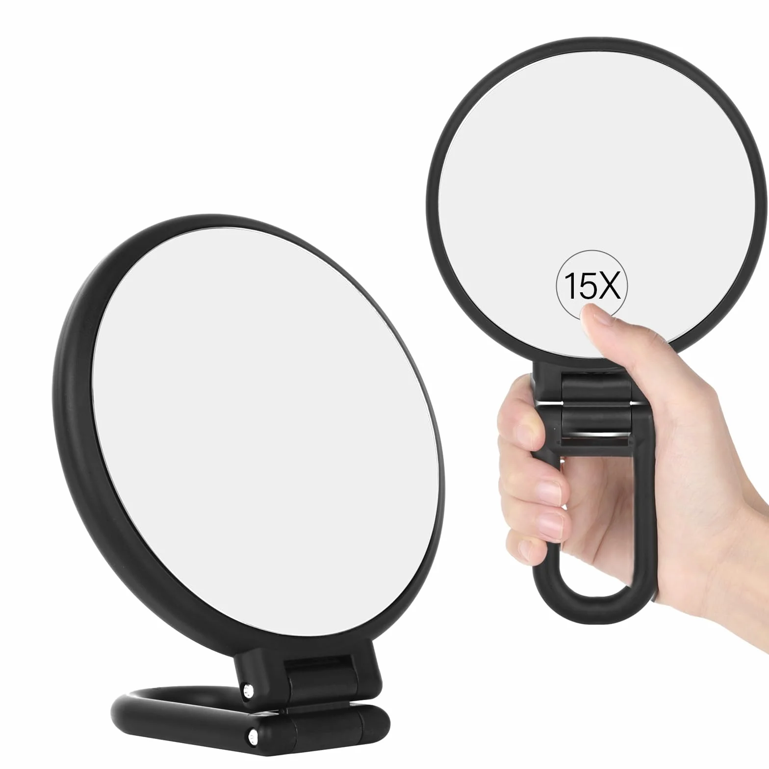Dwustronne lustro powiększające 15 x 1X, lusterko ręczne z uchwytem, składane, okrągłe, lusterko do golenia, lusterko do makijażu do precyzyjnego makijażu, przenośne lusterko podróżne