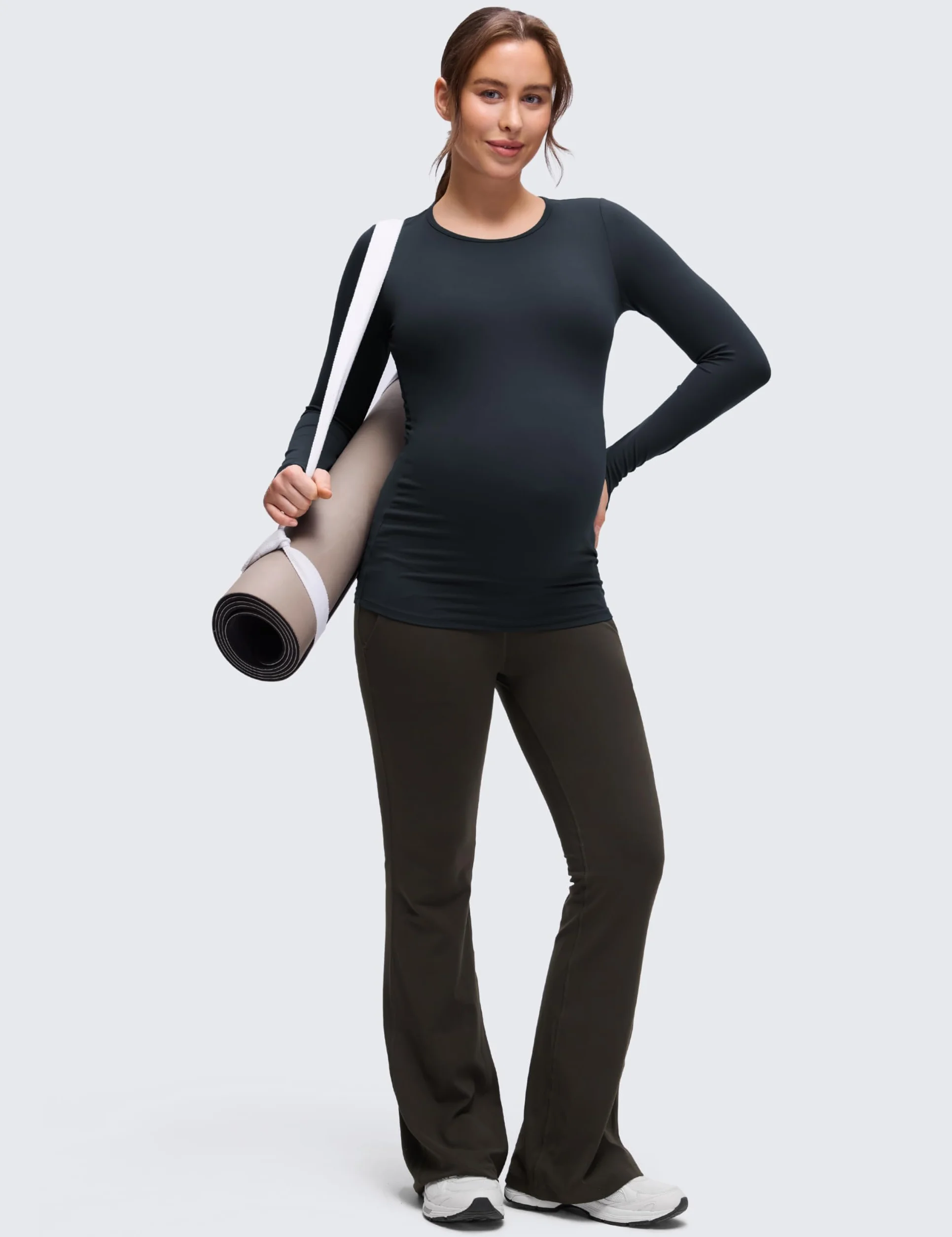 CRZ YOGA Damskie bluzki ciążowe Butterluxe z długim rękawem z okrągłym dekoltem podstawowe koszulki ciążowe miękkie sportowe do jogi swobodne t-shirty