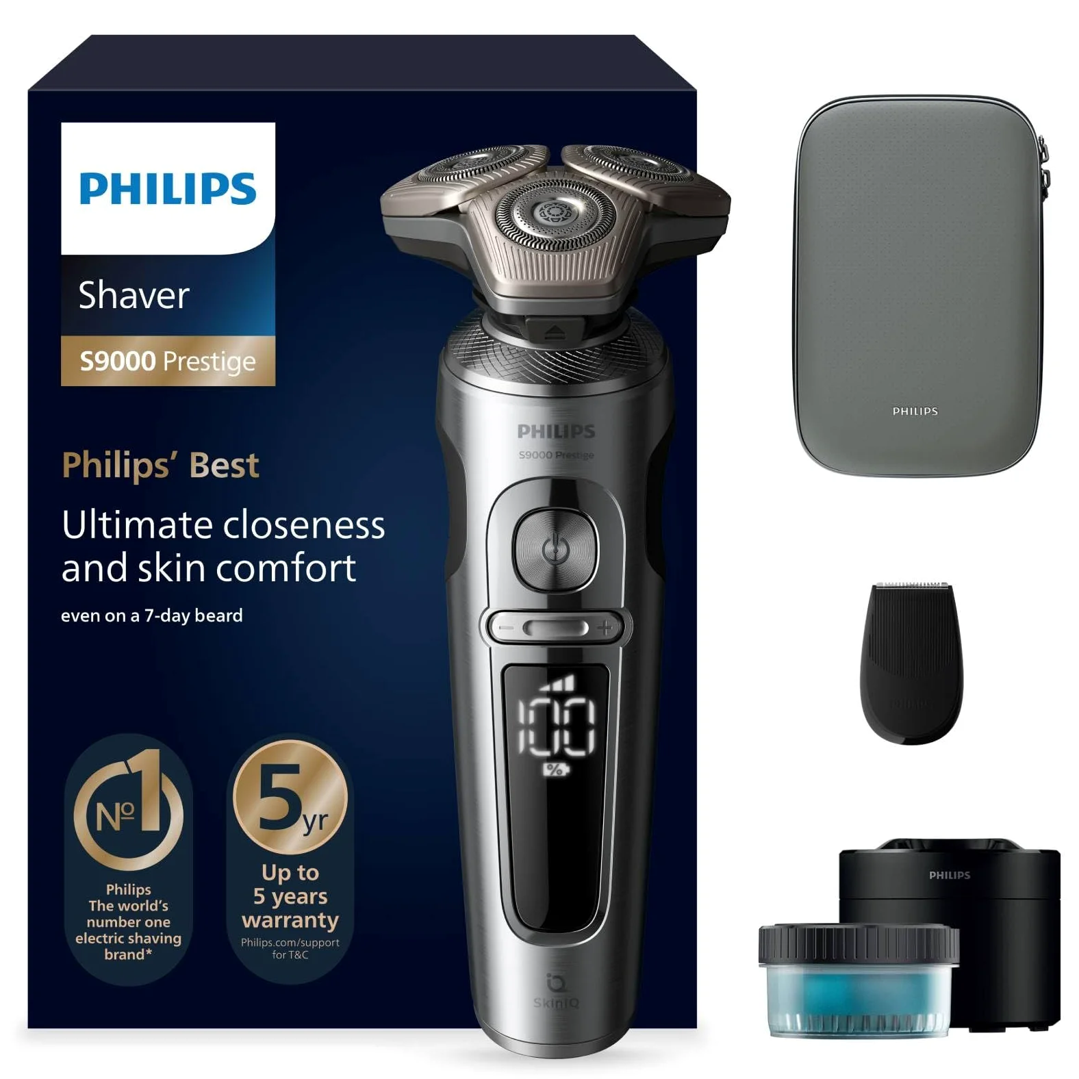 Philips Shaver S9000 Prestige, golarka elektryczna do użytku na mokro i na sucho, jasny chrom, technologia Lift & Cut i SkinIQ, precyzyjny trymer, stacja czyszcząca i etui premium, model SP9841/32