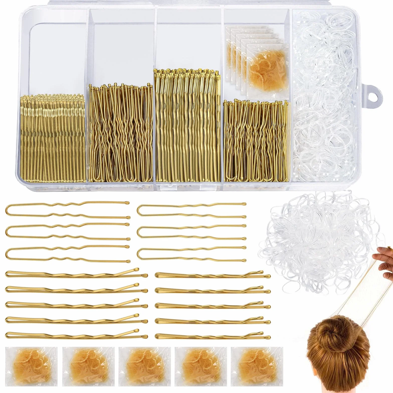 985 sztuk spinek do włosów Bobby Pins, 5-7 cm, złote spinki do włosów, francuskie spinki do włosów dla kobiet, dziewcząt, zestaw gumek do włosów z pudełkiem do przechowywania