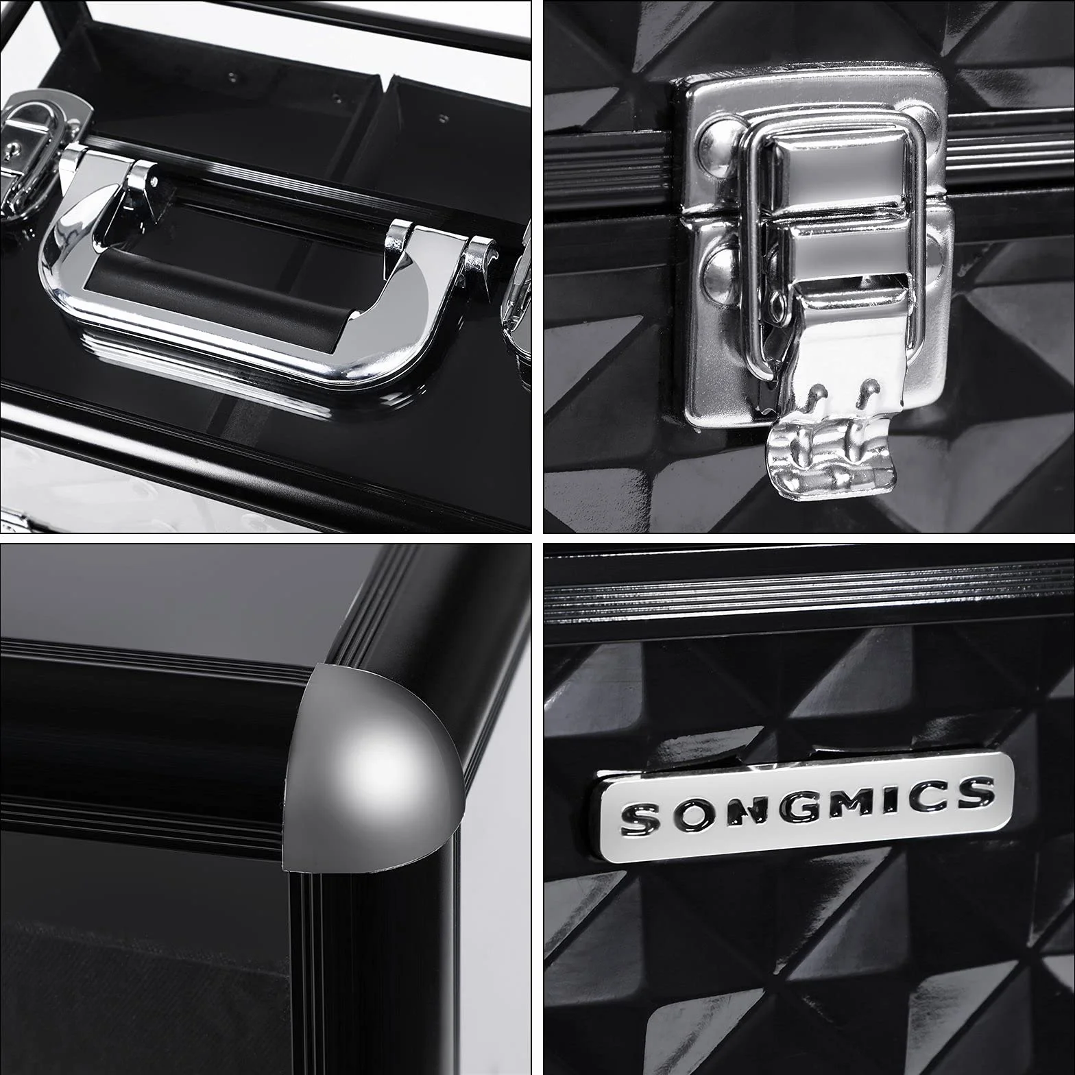 SONGMICS Deluxe etui na kosmetyki kosmetyczne, organizer kosmetyczny, do użytku profesjonalnego artysty, etui kolejowe z przezroczystą akrylową pokrywką i wysuwaną tacą, czarne JBC318B, czarny, 30