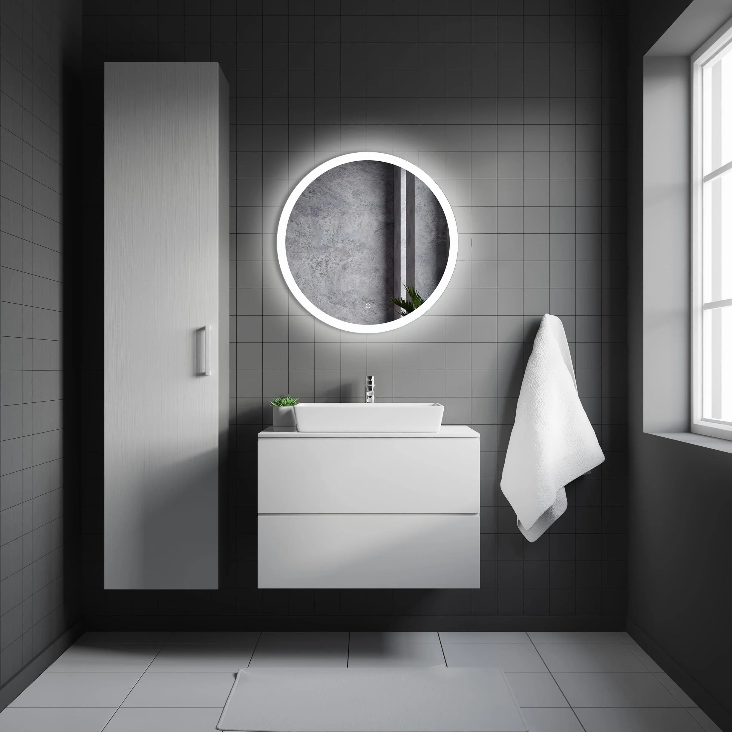50 cm Okrągłe lustro łazienkowe z oświetleniem LED, Okrągłe lustro ścienne LED z włącznikiem, Lustro z naturalnym białym z światłem, Podświetlane z przodu