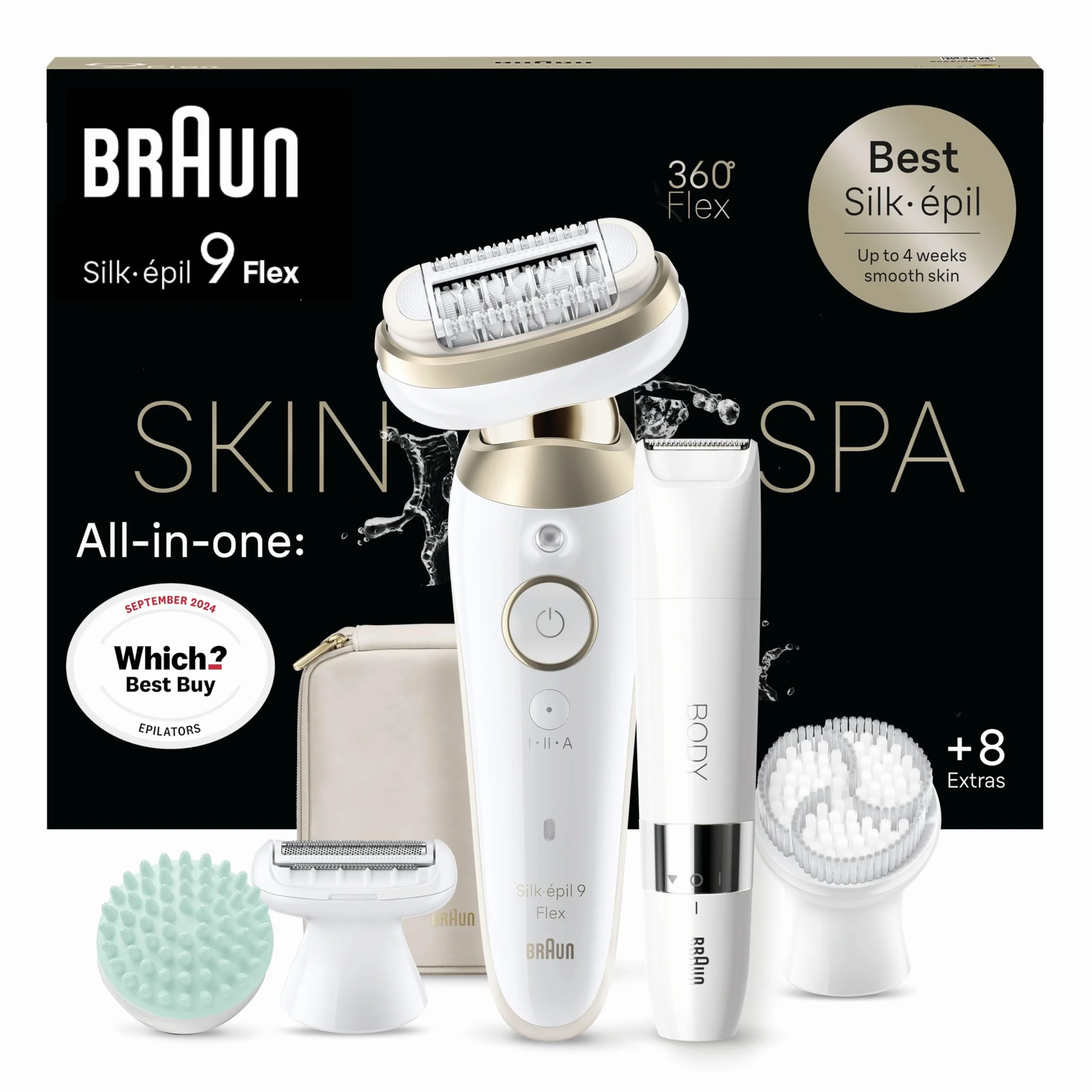 Braun Silk-épil 9 Flex SkinSpa All-in-One Set, depilator damski/depilator do długotrwałego usuwania włosów, mini golarka do ciała, 9-481 3D, biały/złoty