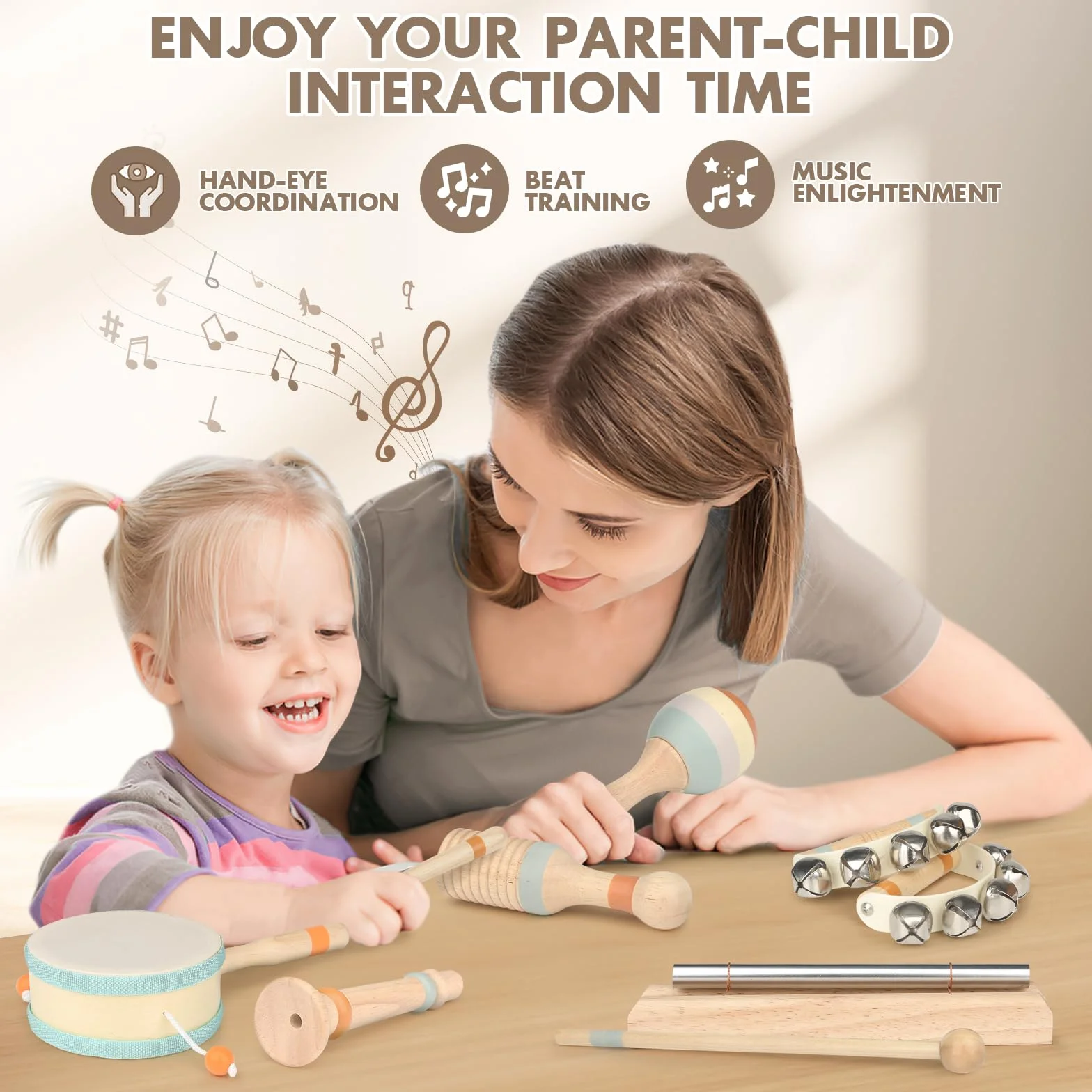 Vanplay Instrumenty muzyczne dla dzieci, zabawka drewniana, zabawka Montessori, bęben dla dzieci, zabawka muzyczna