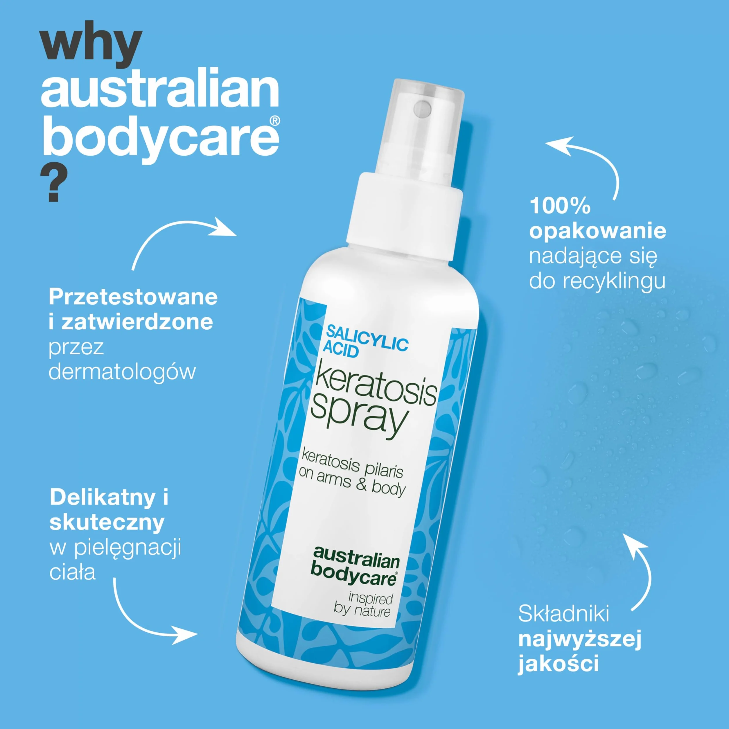 Spray na Keratosis Pilaris – usuwa rogowacenie mieszkowe, gęsią skórkę i szorstką skórę z kwasem salicylowym, glikolowym, pantenolem i gliceryną