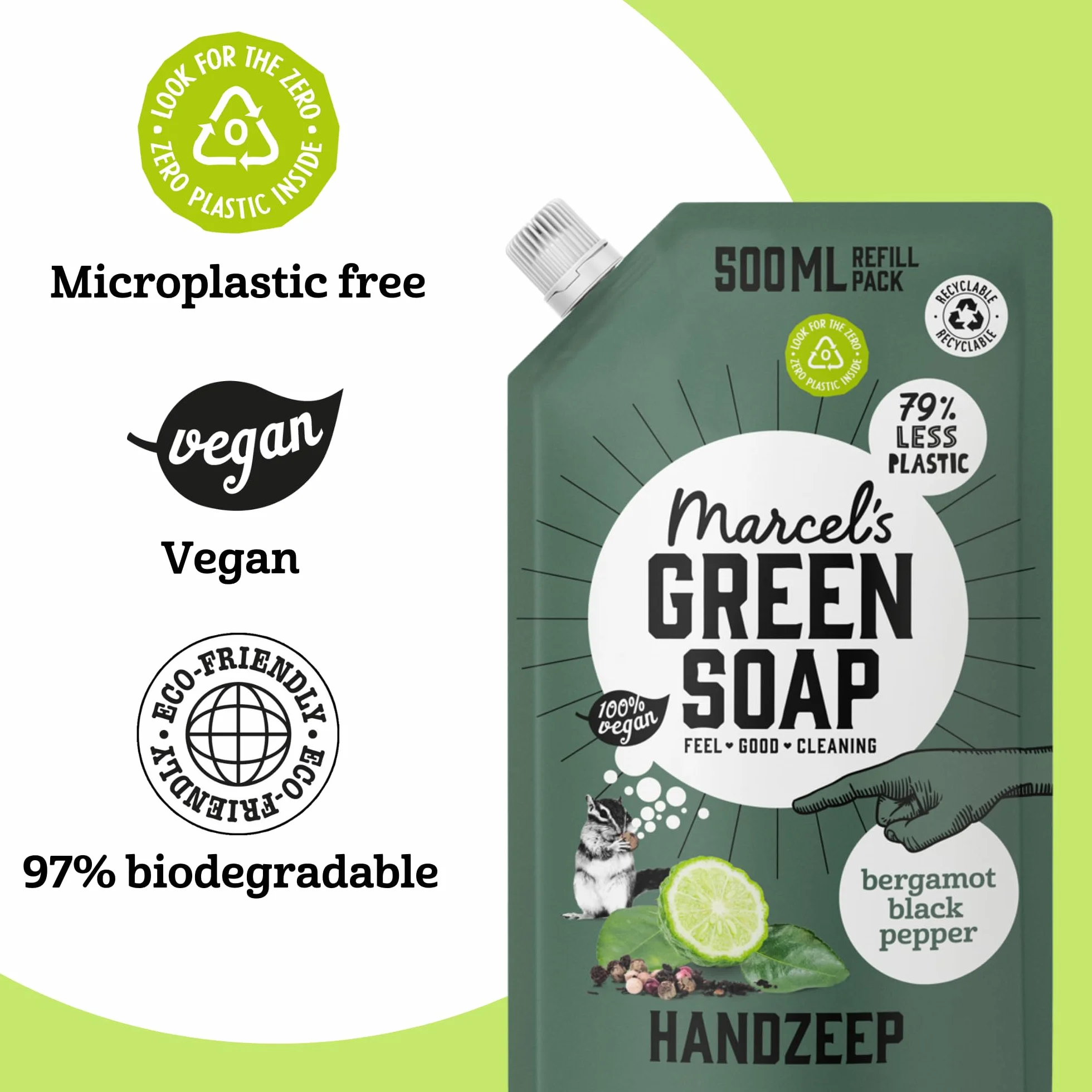 Marcel's Green Soap - Uzupełnienie mydła do rąk czarny pieprz i bergamotka - formuła bez mikroplastiku - mydło do rąk opakowanie uzupełniające - 99% biodegradowalne - wegańskie