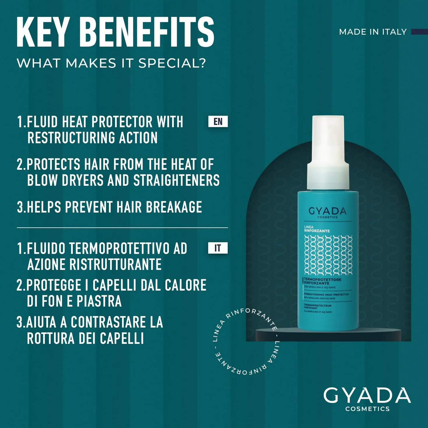 GYADA COSMETICS, Termoprotektor wzmacniający ze spiruliną i AQ-SAVE, termoprotektor do włosów o działaniu regenerującym, do włosów nawilżonych, bez nge i bez ważenia, 100 ml