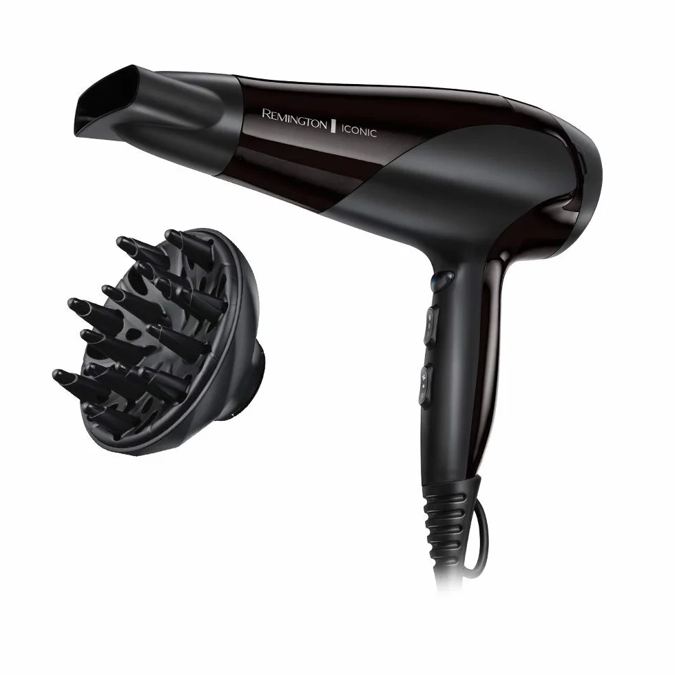 Remington suszarka do włosów z jonizacją, 3 ust. nagrzewania i 2 ust. nawiewu, koncentrator i dyfuzor, zimny nawiew, pierścień ceramiczny, moc 2200W, czarna, Ionic Dry D3198