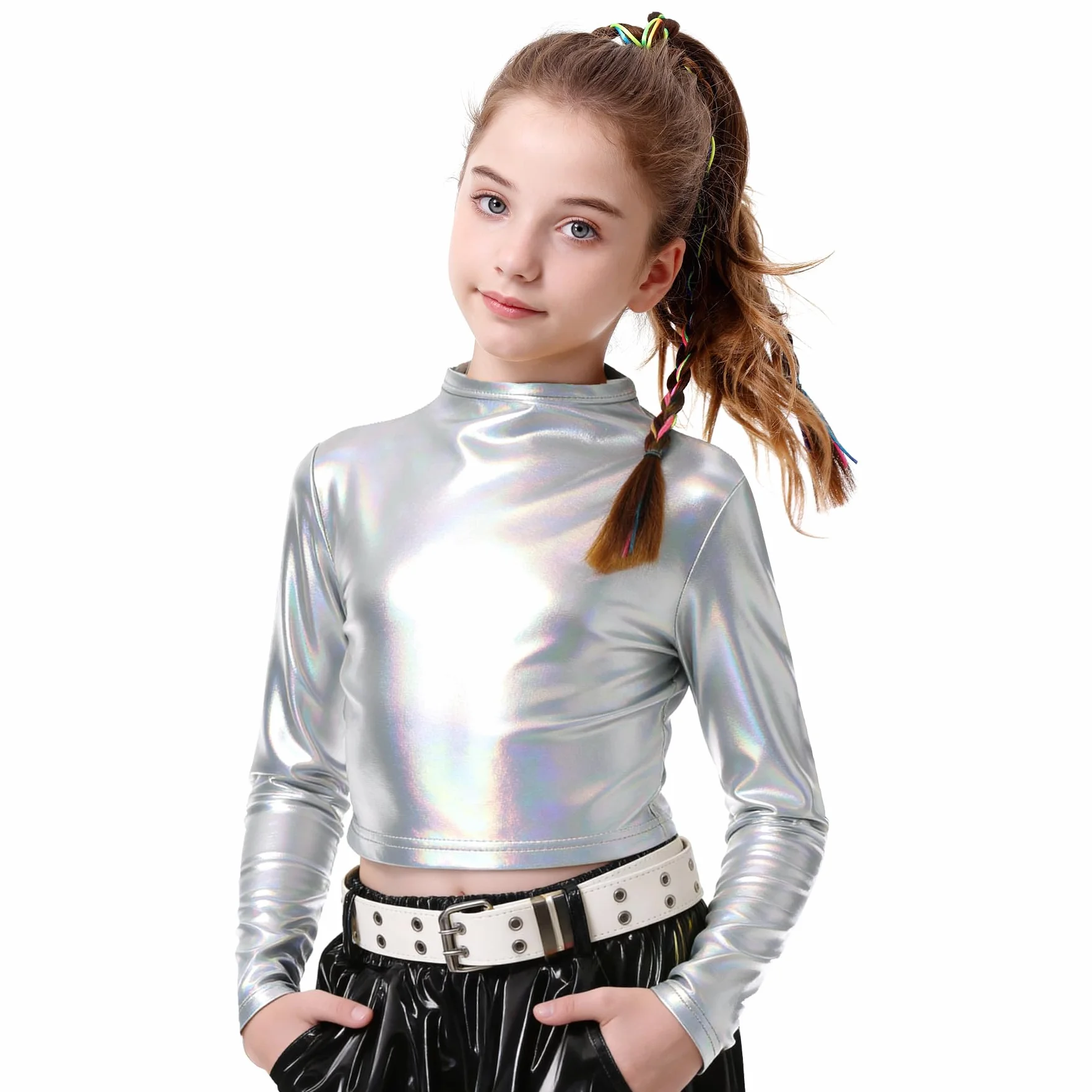 LOLANTA Dziewczęcy metaliczny top z golfem na pół golfem, błyszczący taneczny top do hiphopu, dyskoteki, sceny i imprez