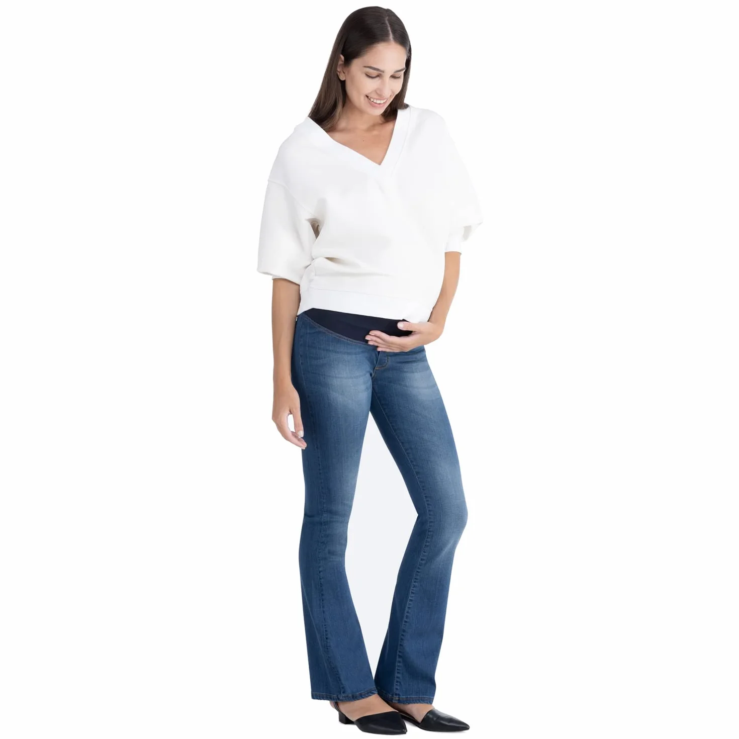 MAMAJEANS Catania - Dżinsy ciążowe z dolnym brzuchem słońca, dżinsy ciążowe, wyprodukowane we Włoszech, ciemny, M
