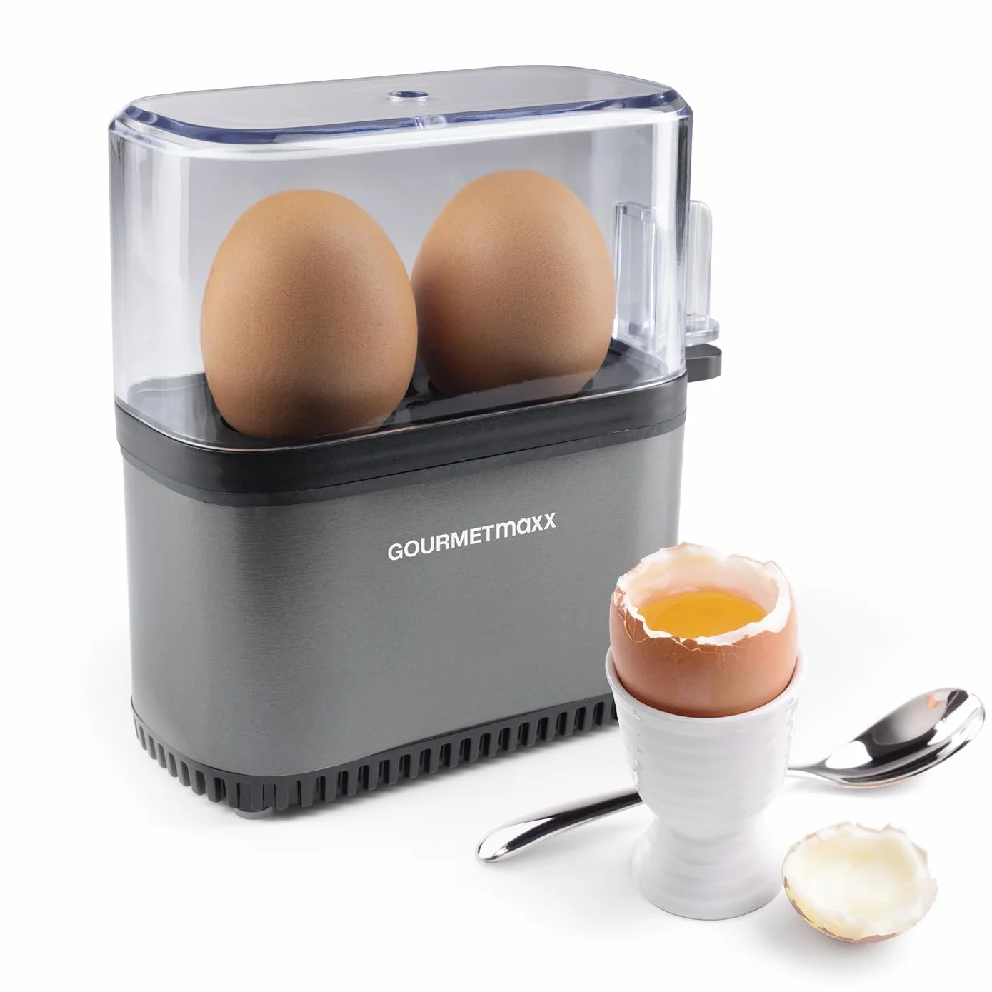 GOURMETmaxx Jajowar na 2 jajka | bojler do jajek z wykrawaczem do jajek w miarce | Egg Cooker – 3 stopnie twardości do kieliszków do jajek | Design mały jajowar – części nadające się do mycia w