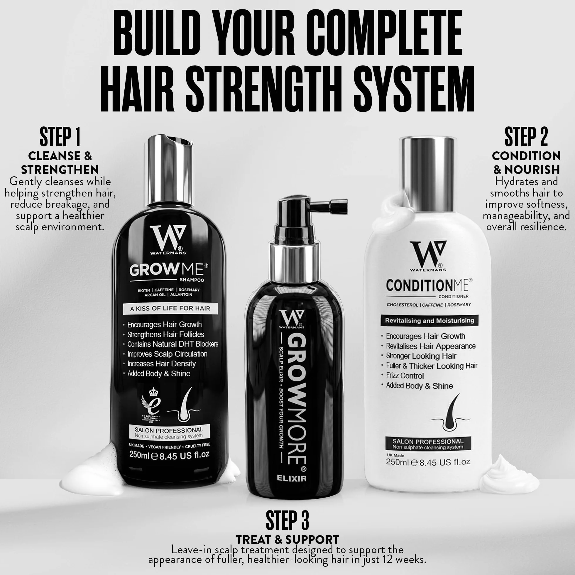 Szampon Grow Me® Hair Growth, bez siarczanów, wegański, z kofeiną, biotyną, olejem arganowym, alantoiną i rozmarynem. Stymuluje wzrost włosów, idealny dla wolno rosnących włosów u mężczyzn i kobiet.