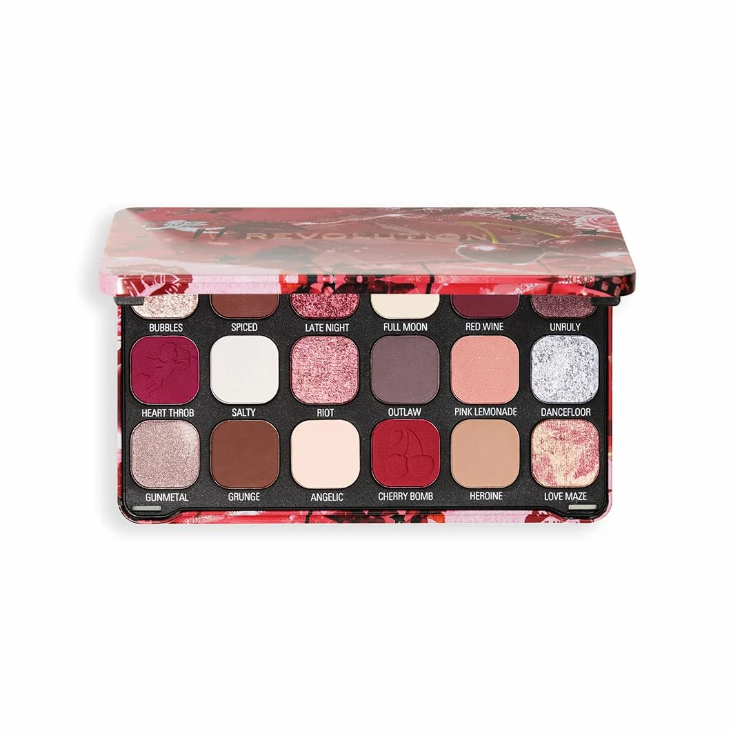 Revolution Beauty Forever Flawless paleta cieni do powiek, 18 pigmentowanych matowych i błyszczących kolorów, wegańskie i nieokrutne, Cherry Rebel